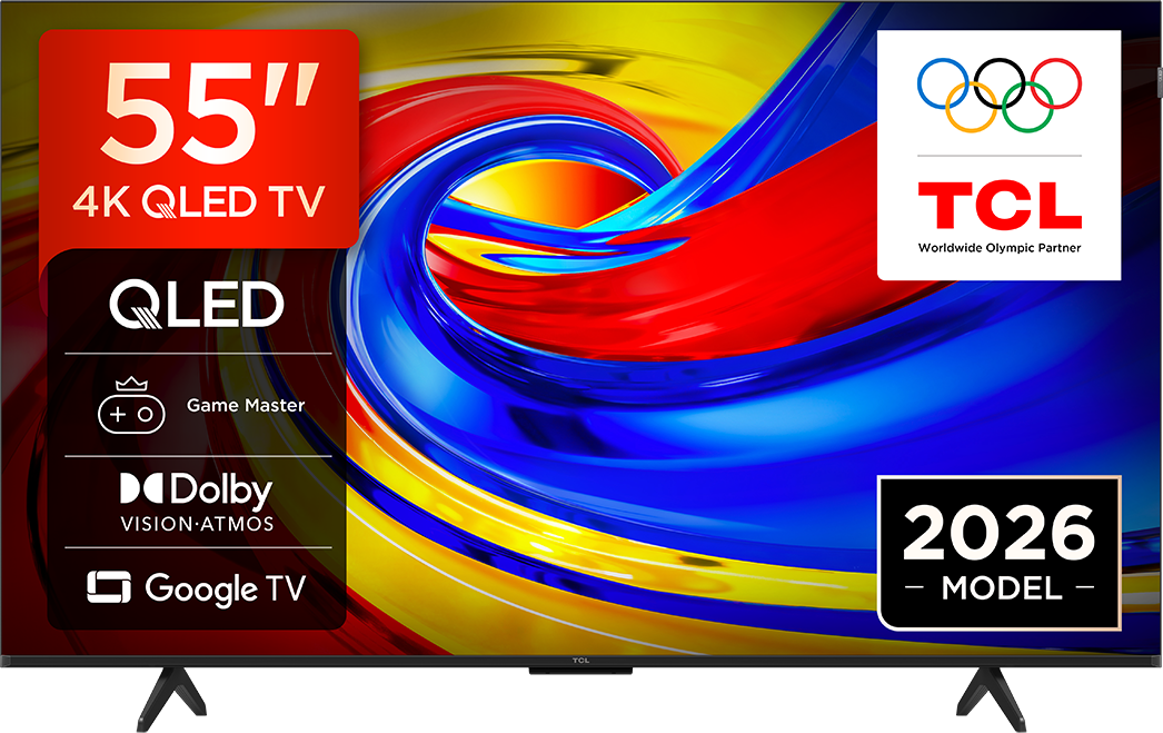 55 hüvelykes 4K QLED TV TCL-től, 2026-os modell, olimpiai karikák logóval.