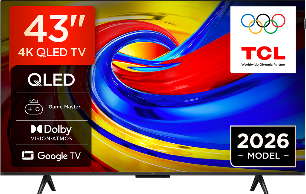 Egy 43 hüvelykes TCL 4K QLED TV olimpiai logóval, 2026-os modell.