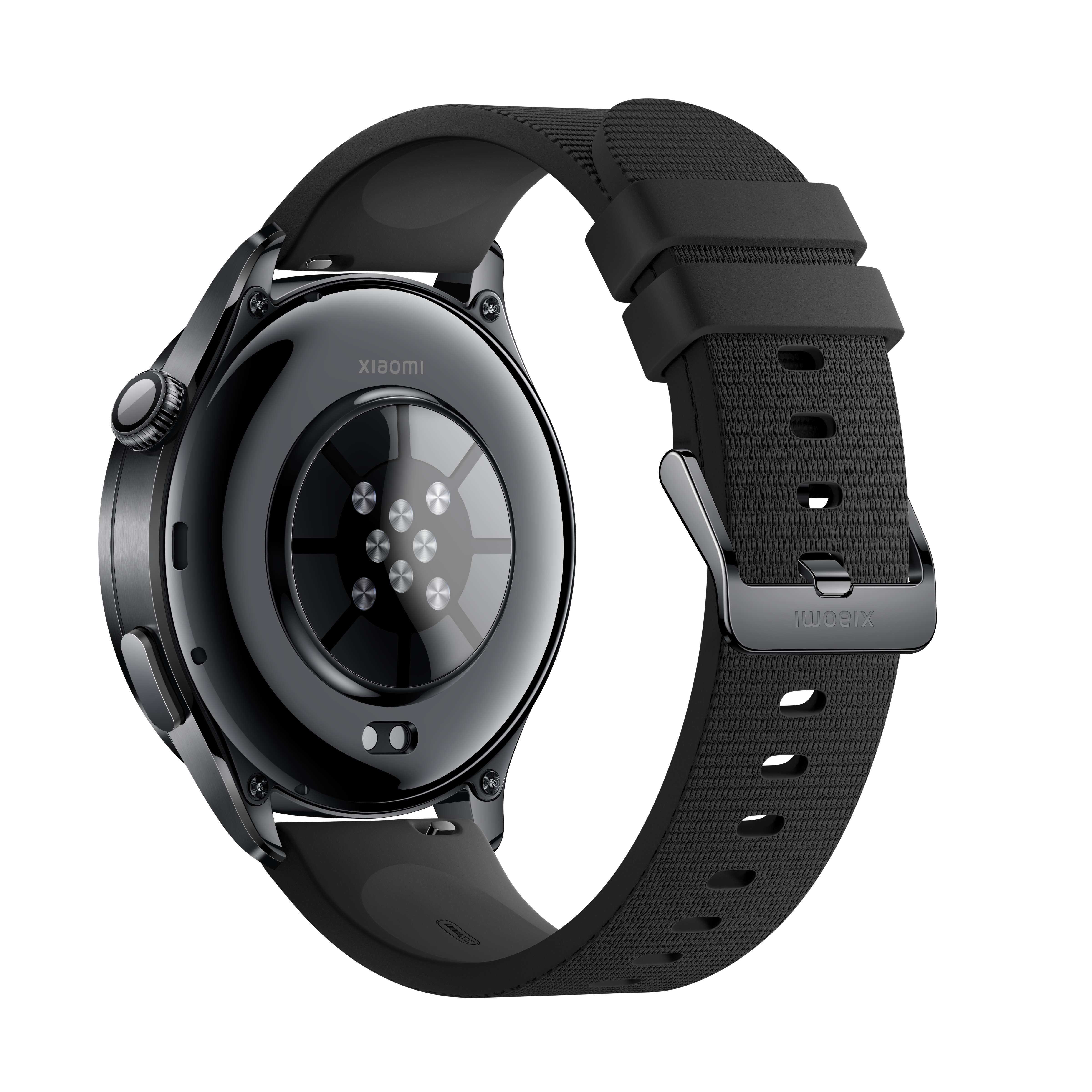 Schwarze Xiaomi Smartwatch Rückansicht mit Sensoren und strukturiertem Armband.