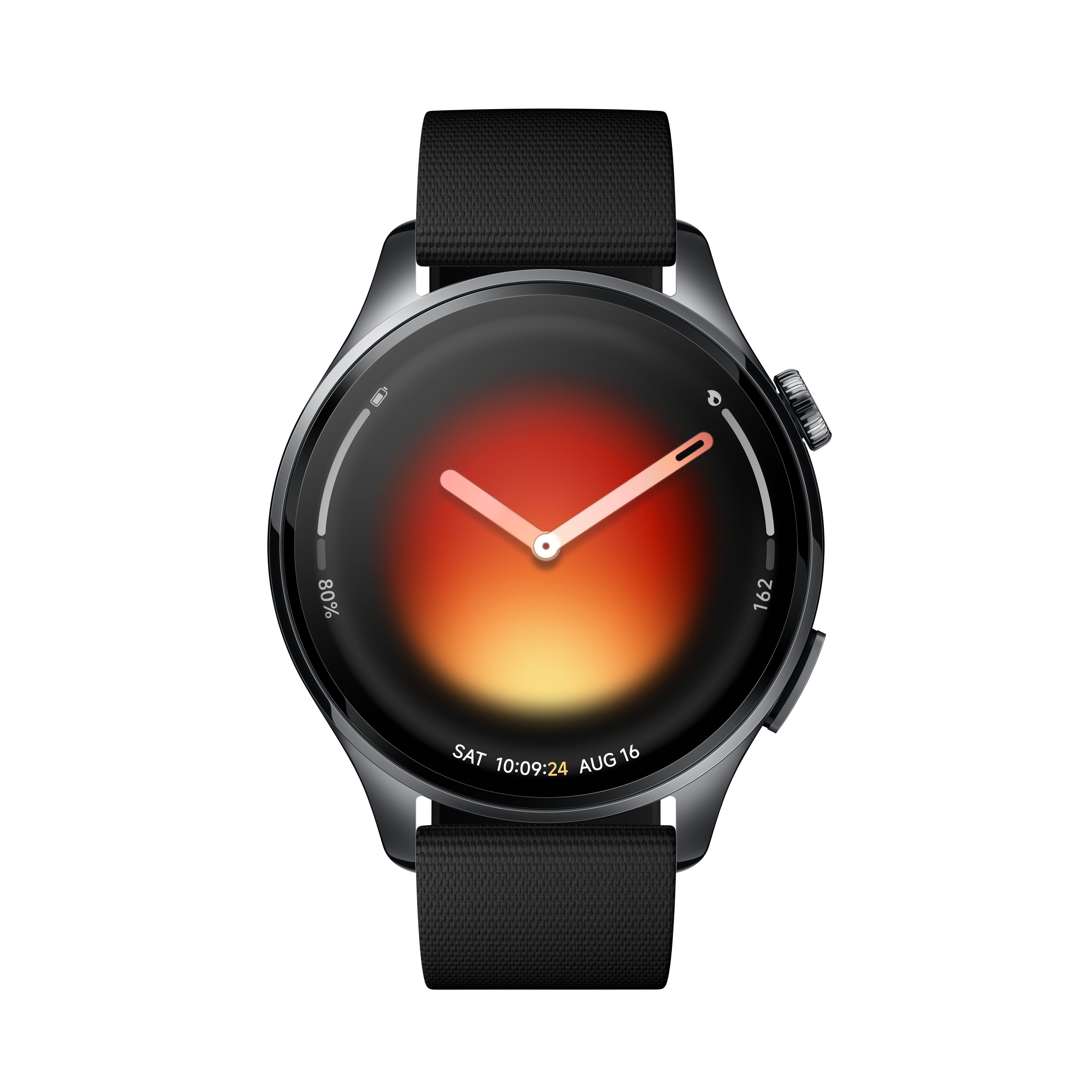 Graue Smartwatch mit schwarzem Armband und bunter Zifferblattanzeige.