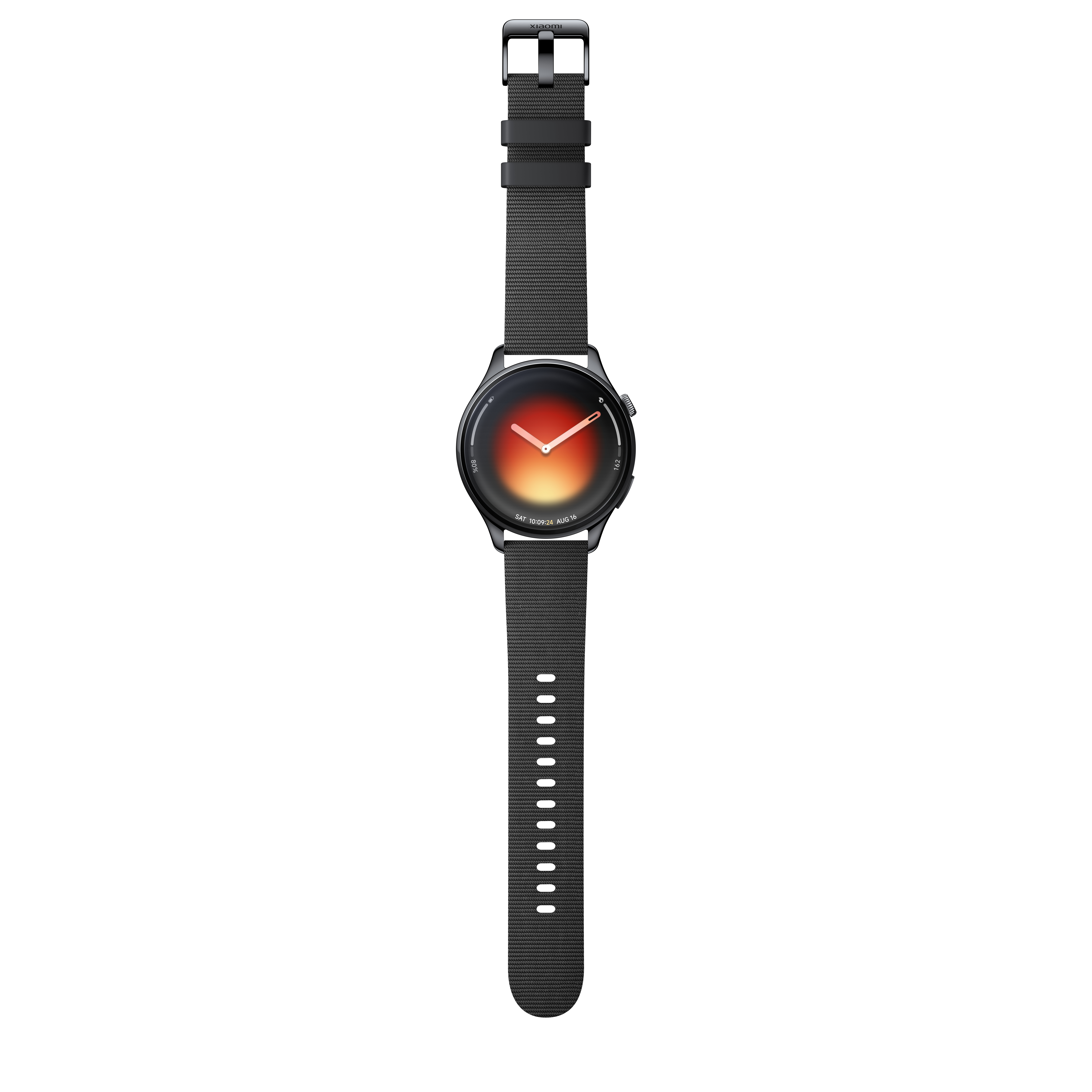 Eine schwarze Smartwatch mit einem stilisierten Sonnenuntergang-Zifferblatt und einem grauen Armband.