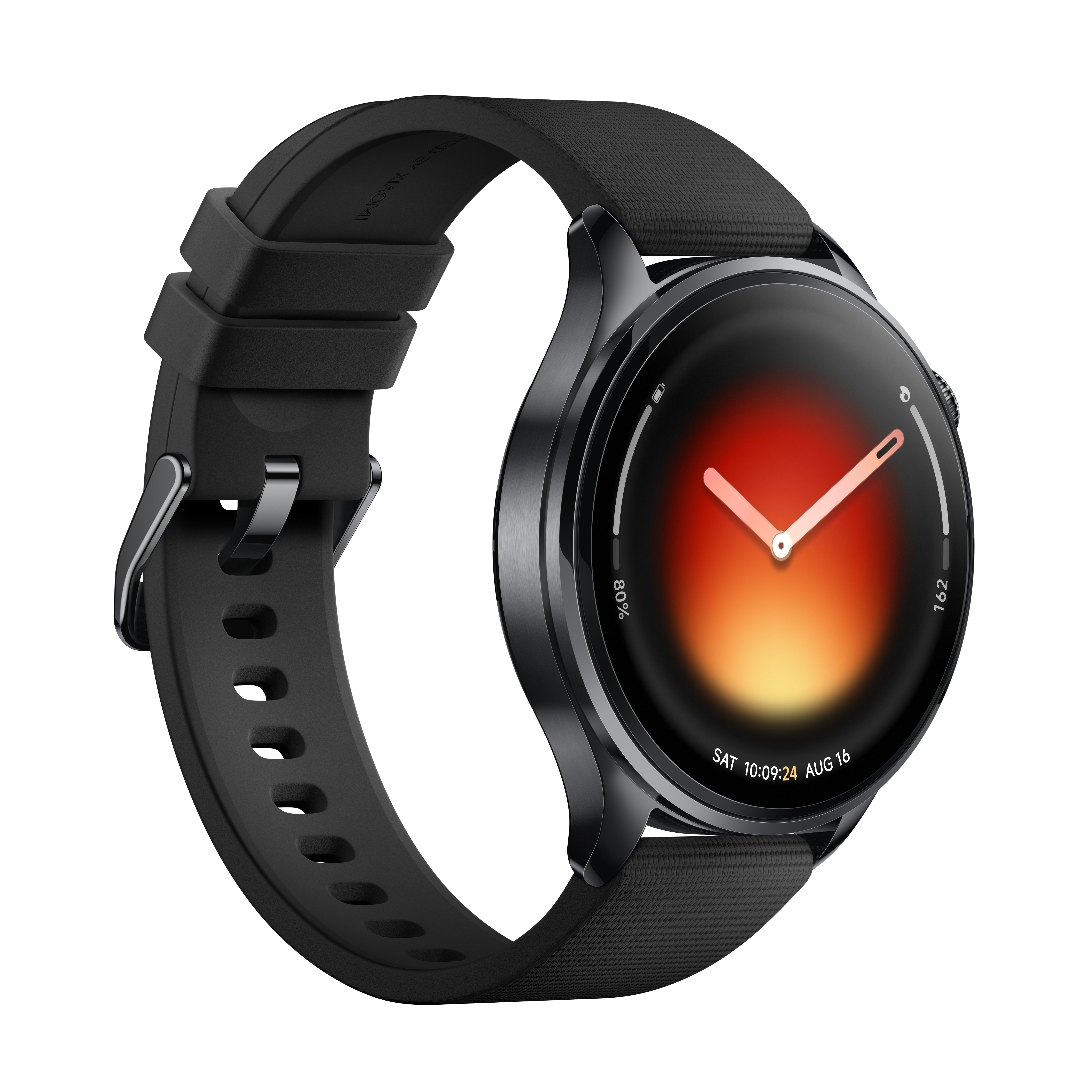 Eine schwarze Smartwatch mit digitalem Zifferblatt und rotem Farbverlauf.
