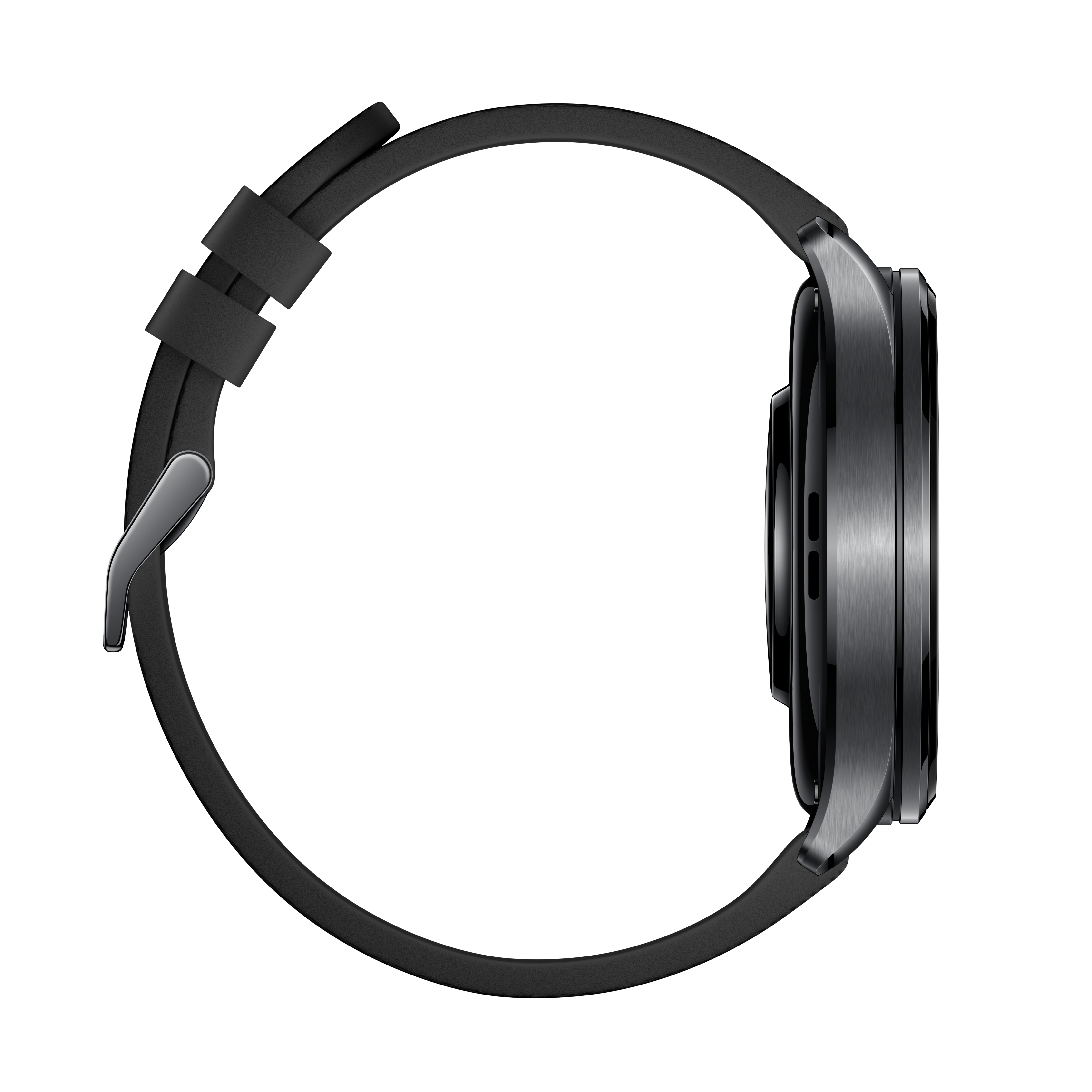 Graue Smartwatch mit schwarzem Armband, von der Seite gesehen.