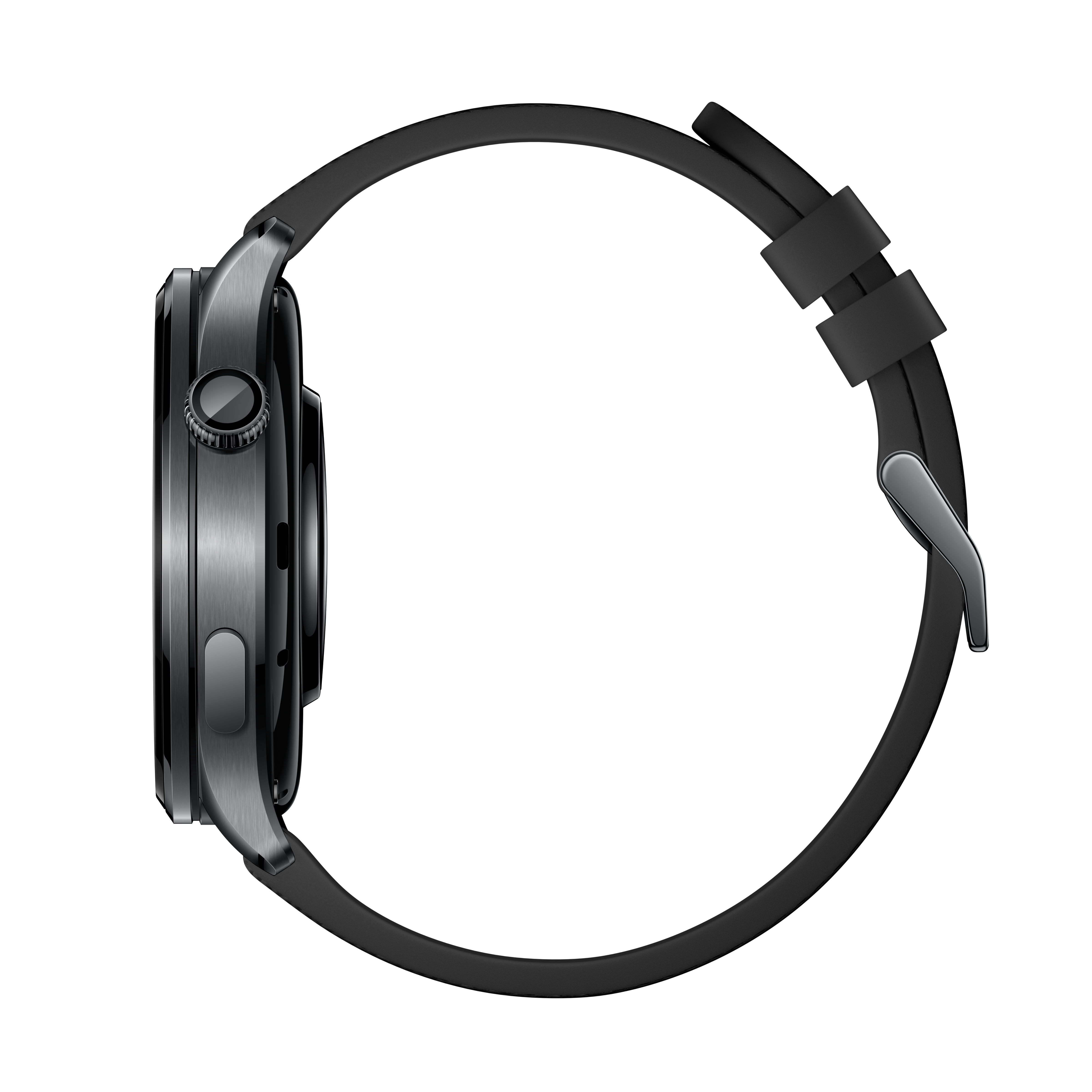 Eine schwarze Smartwatch mit Metallgehäuse und schwarzem Armband auf weißem Hintergrund.