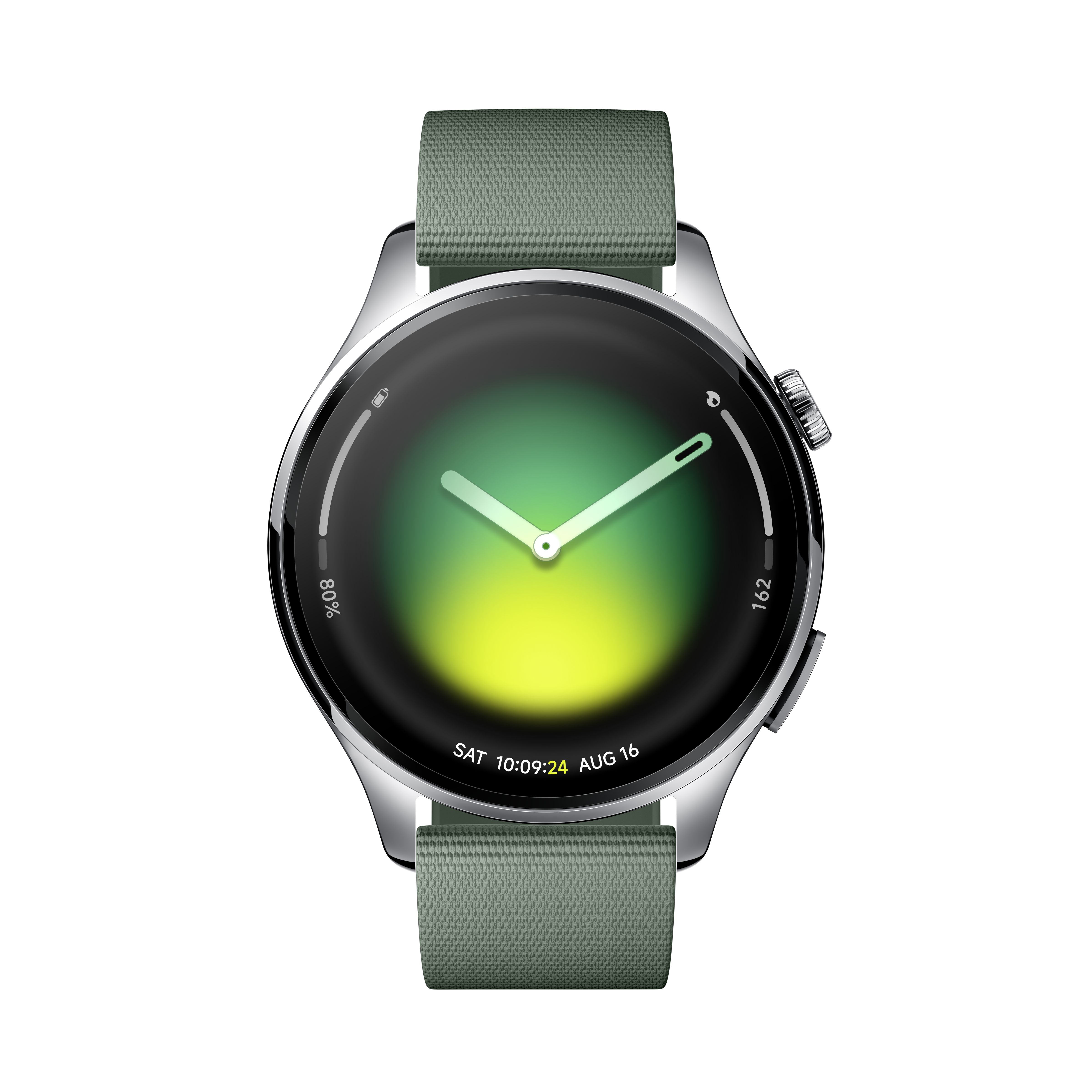 Eine grüne Smartwatch mit silbernem Gehäuse auf schwarzem Hintergrund.