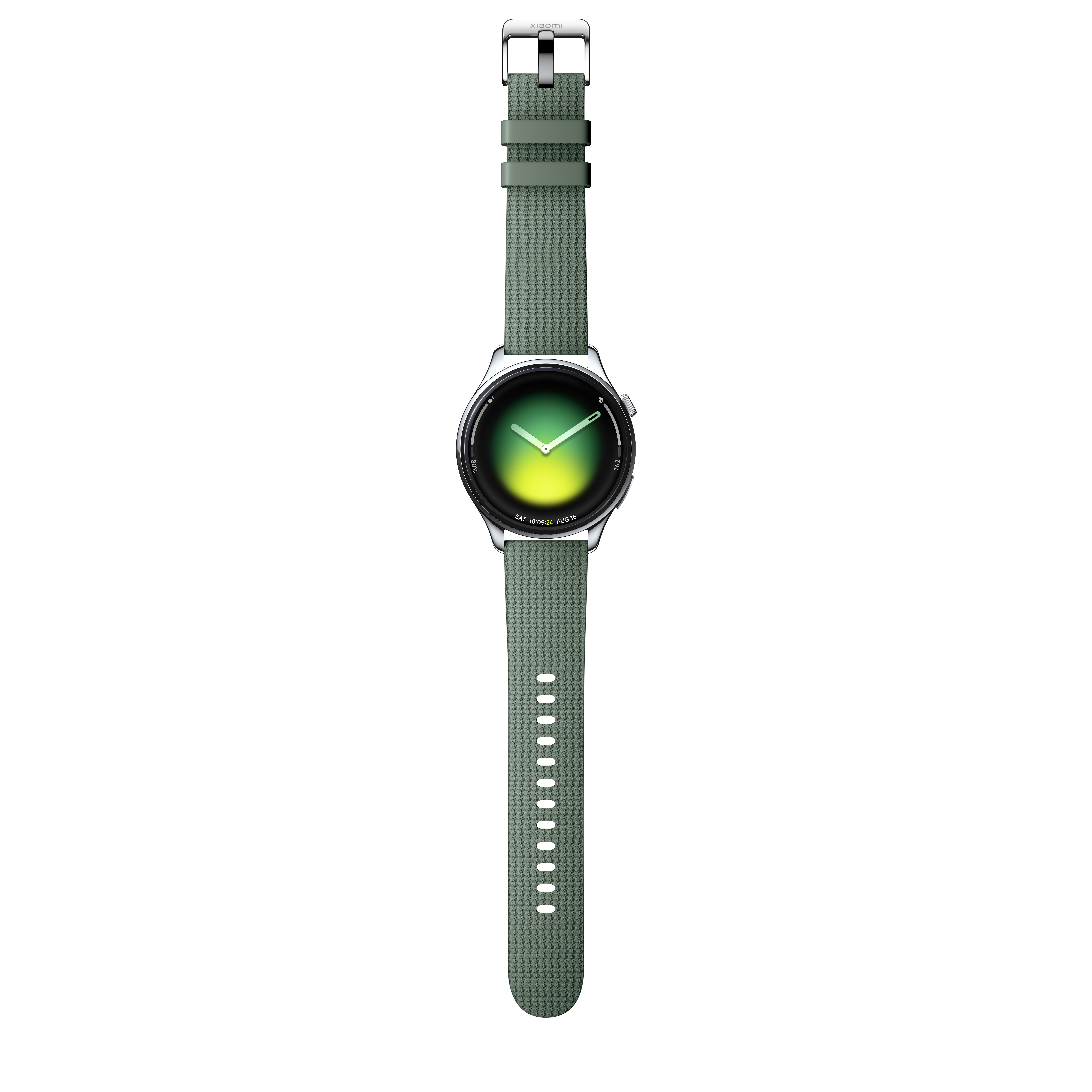 Eine grüne Smartwatch mit silbernem Gehäuse und Armband auf schwarzem Hintergrund.