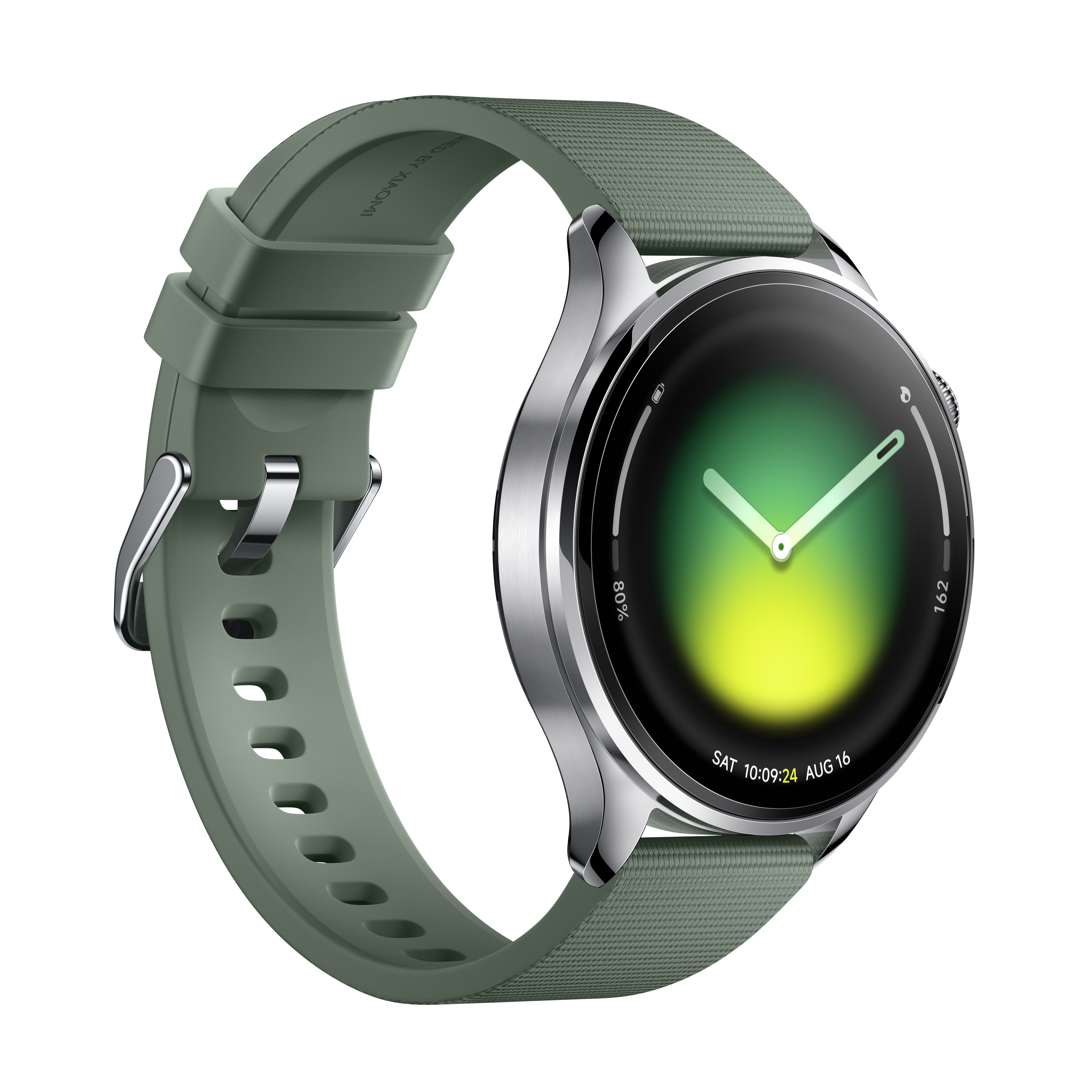 Eine grüne Smartwatch mit silbernem Gehäuse und einem Zifferblatt mit grünem Farbverlauf.