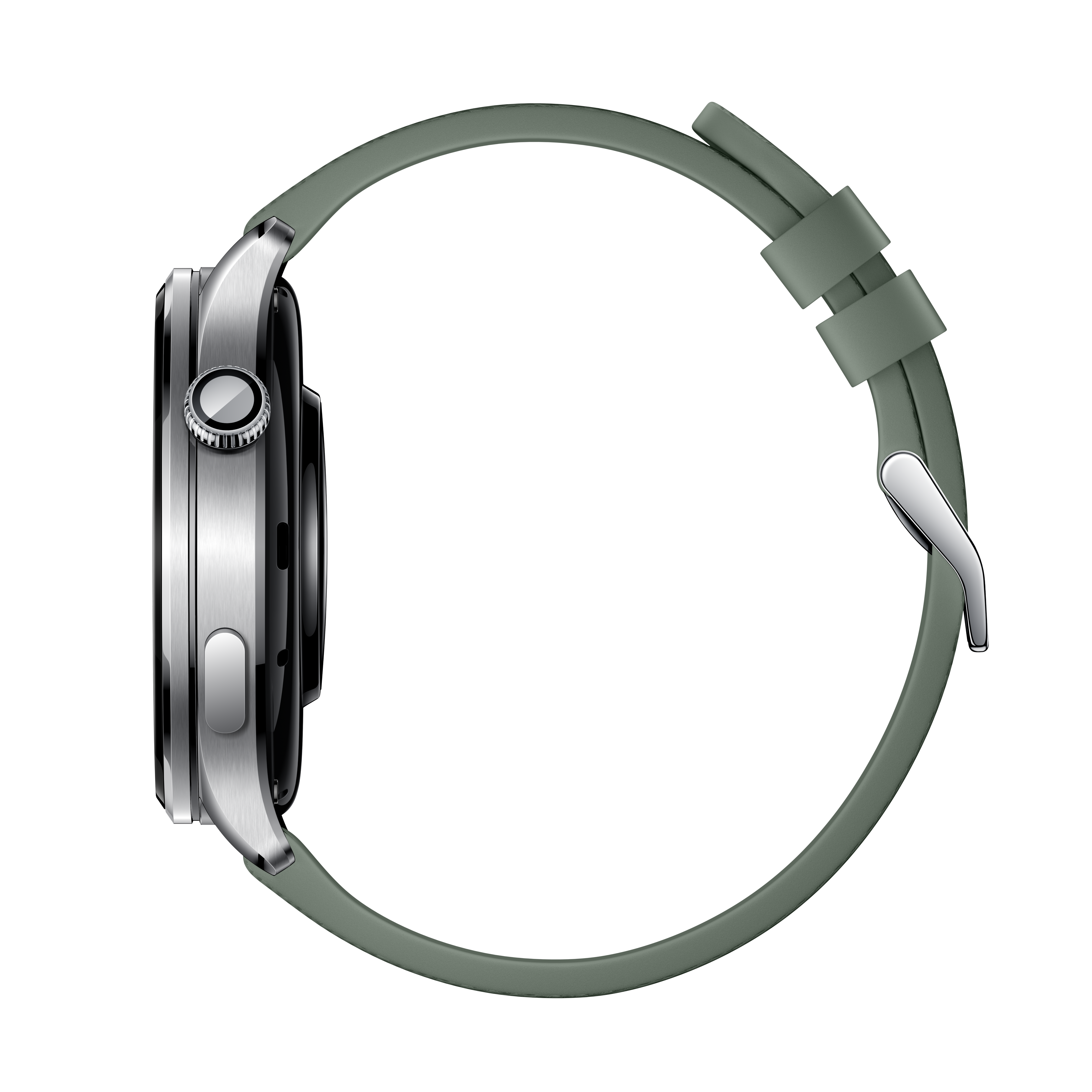 Silberne Smartwatch mit grünem Armband vor schwarzem Hintergrund.