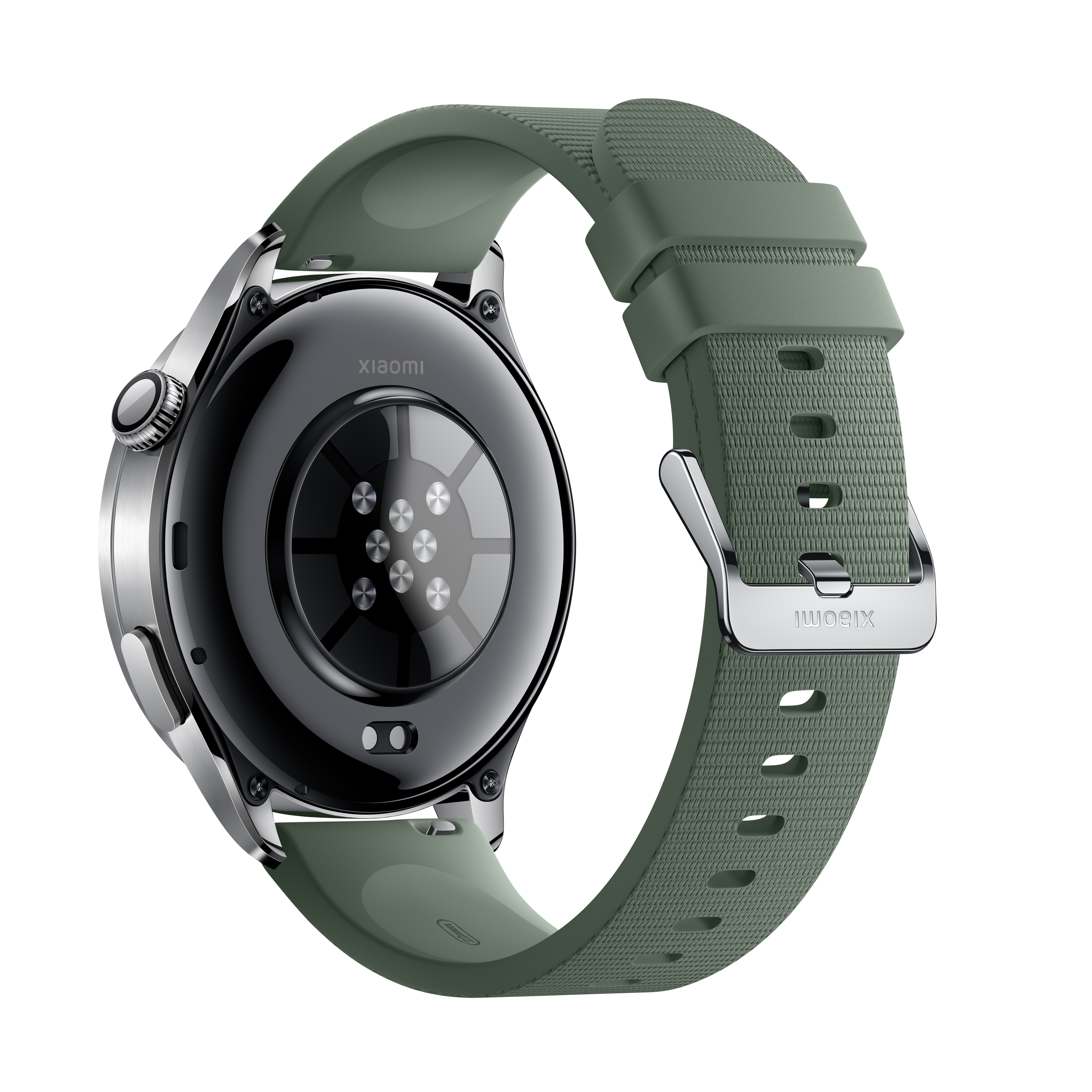 Eine grüne Xiaomi-Smartwatch mit strukturiertem Armband und silberner Schnalle.