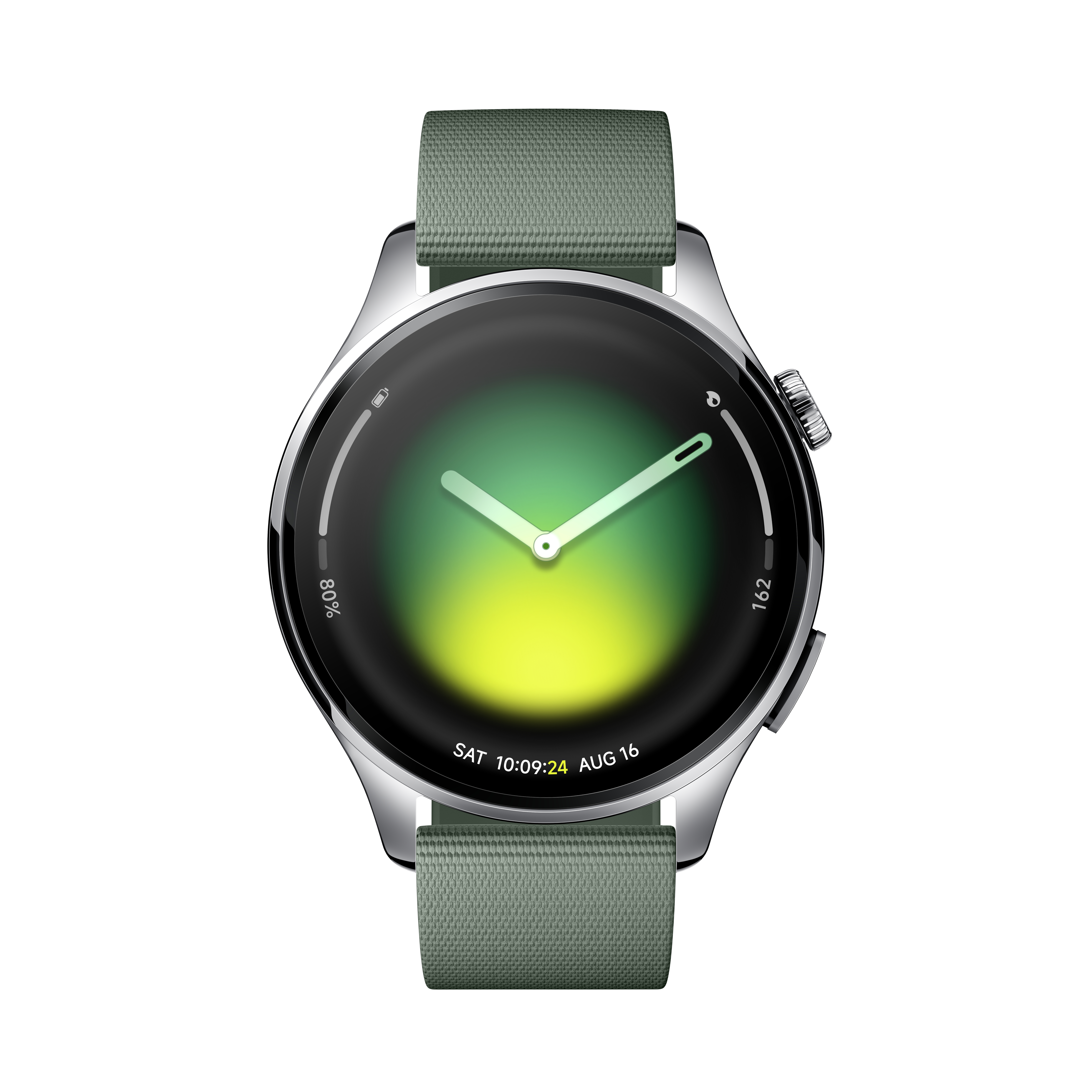 Eine grüne Smartwatch mit silbrigem Gehäuse und grauem Band wird gezeigt.