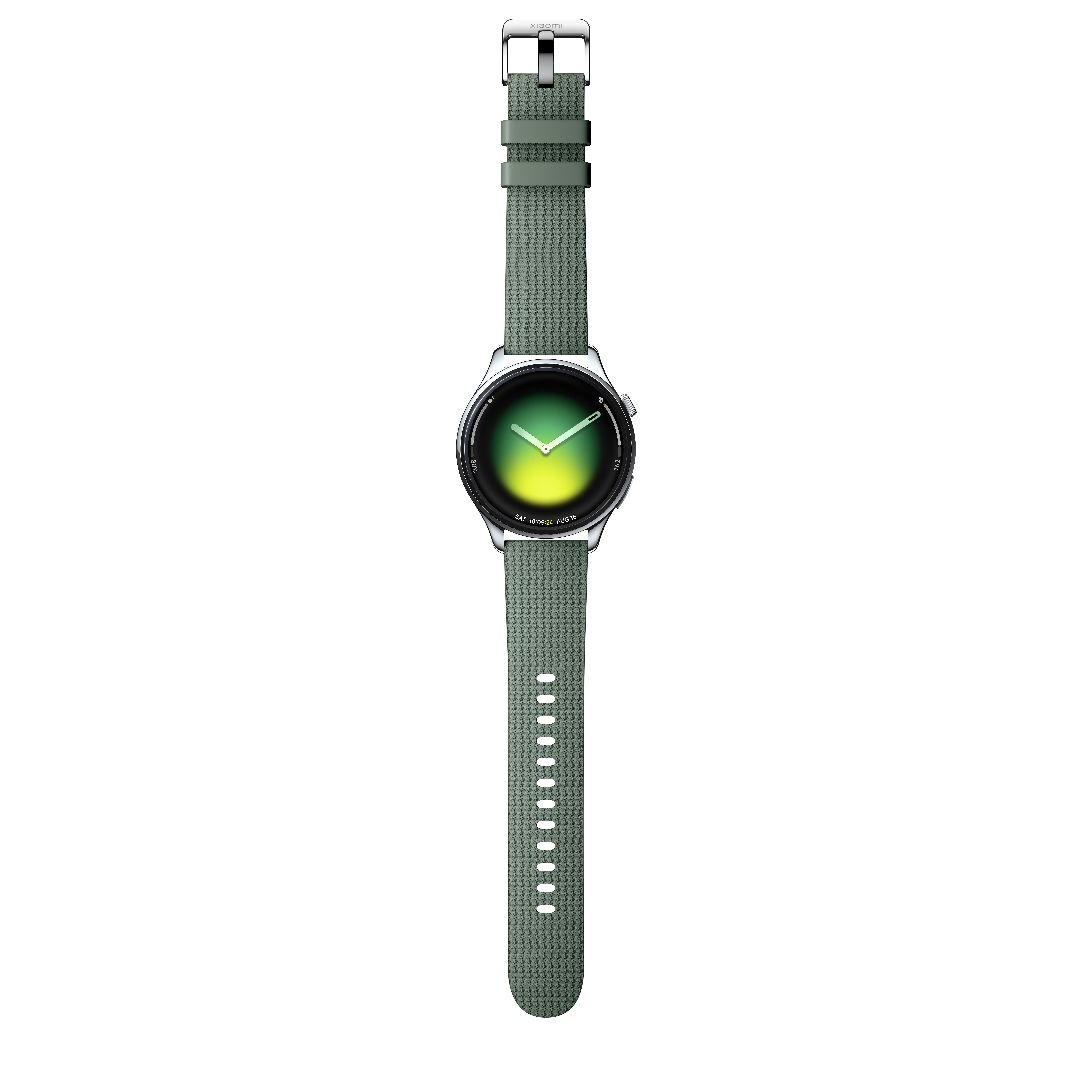 Eine grüne Smartwatch mit silbernem Gehäuse und Schnalle auf weißem Hintergrund.
