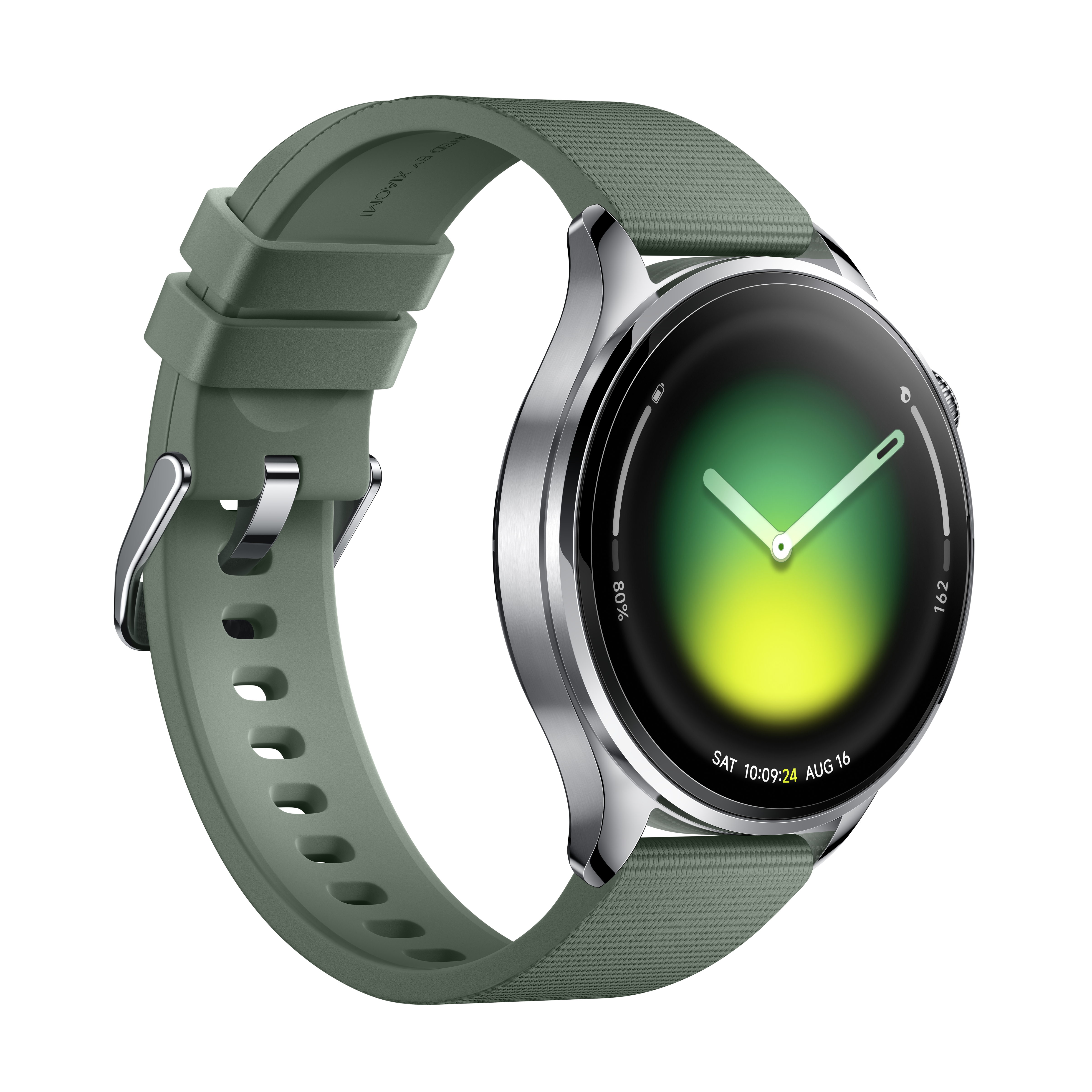 Eine grüne Smartwatch mit silbernem Gehäuse und einem Zifferblatt, das Datum und Uhrzeit anzeigt.