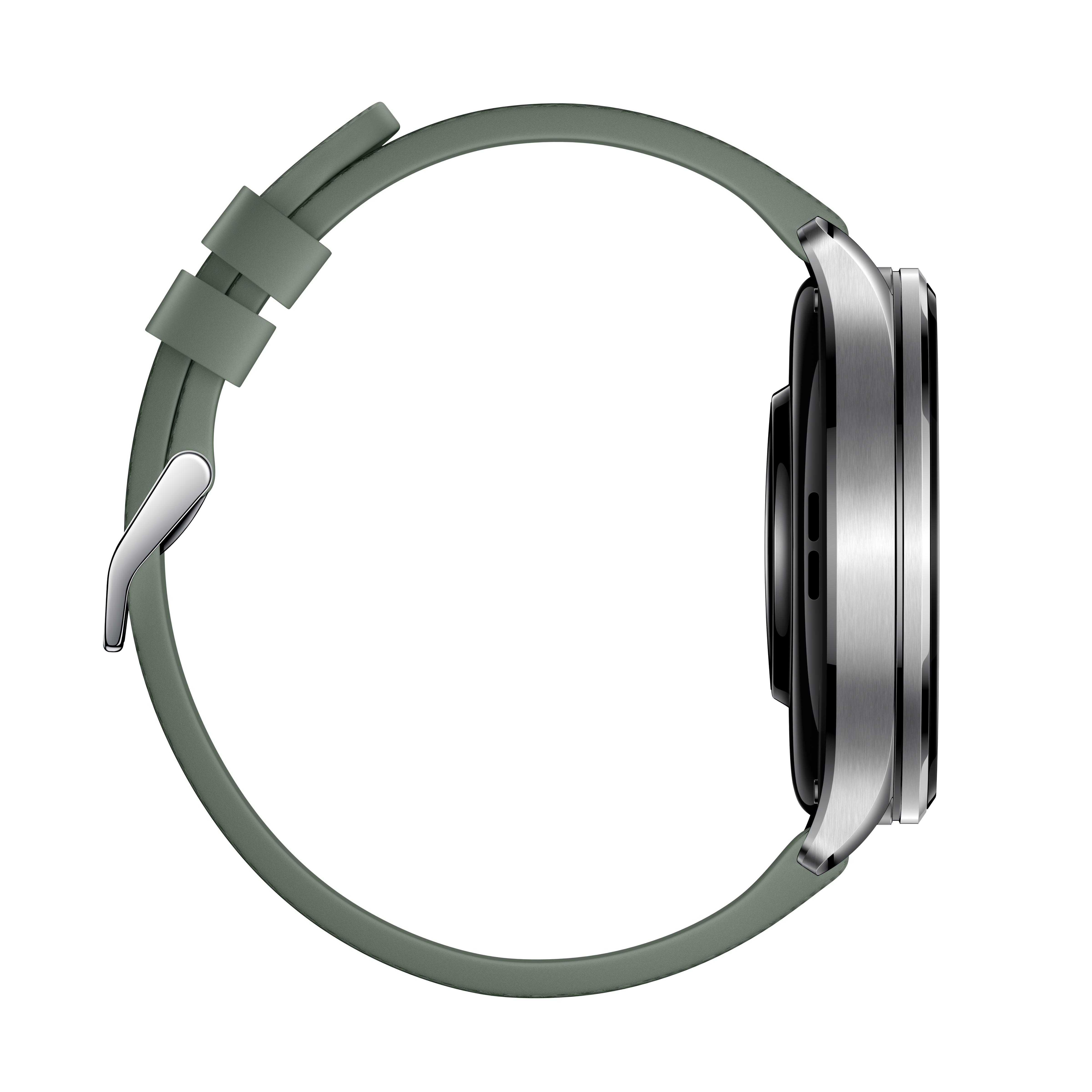 Eine grüne Smartwatch mit silbernem Gehäuse auf weißem Hintergrund.