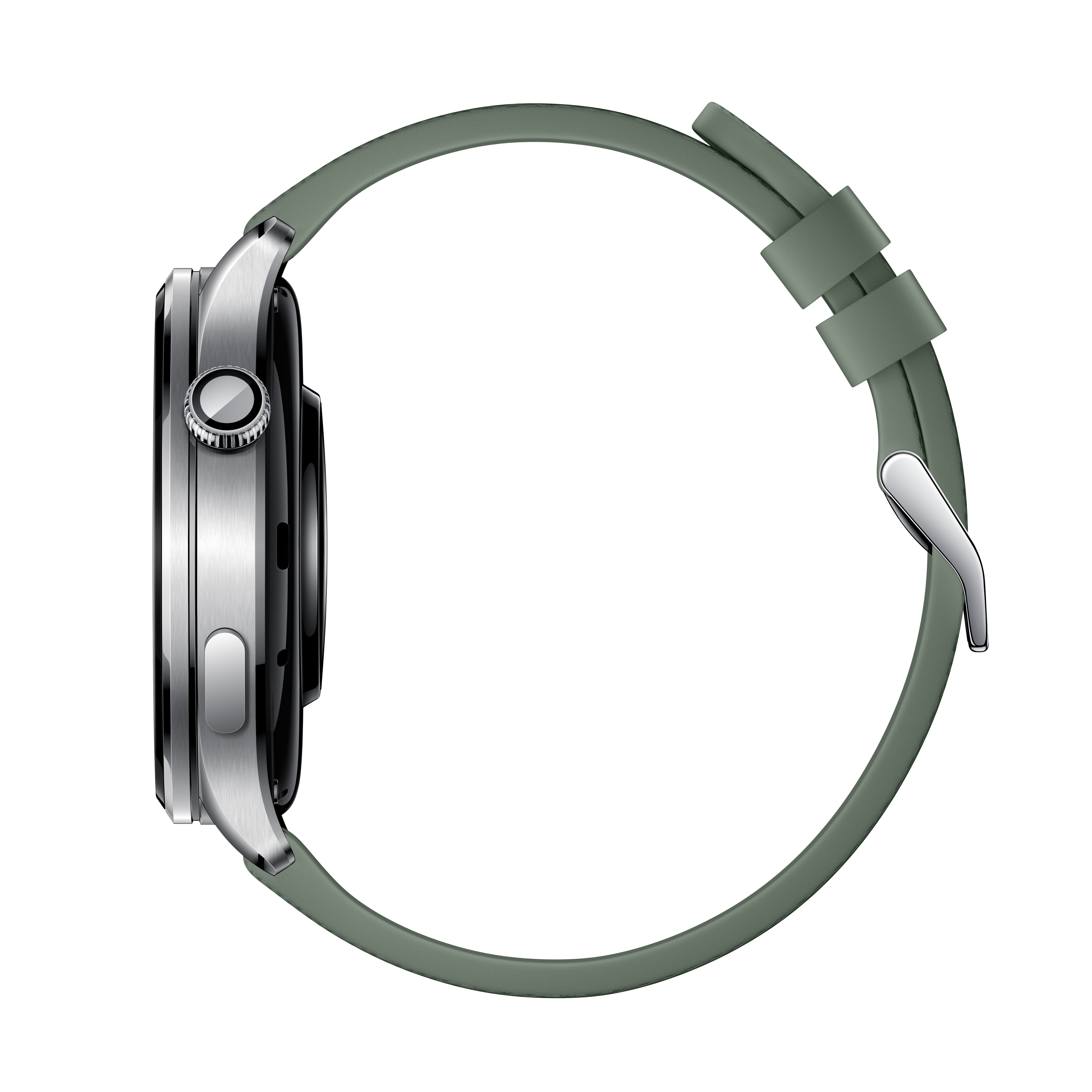 Eine graugrüne Smartwatch mit silbernem Gehäuse und drehbarem Knopf.