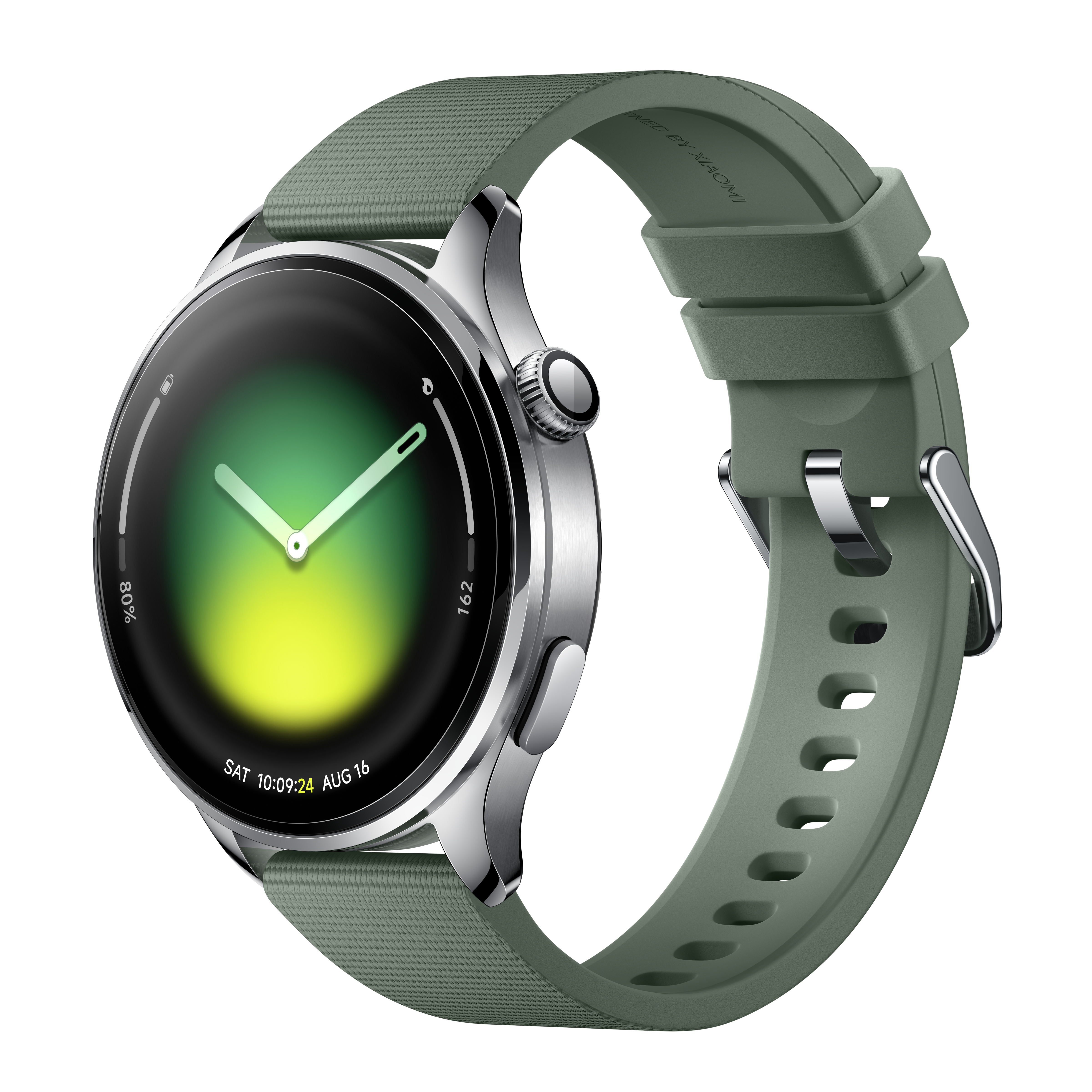 Eine grüne Smartwatch mit silbernem Gehäuse und Zifferblatt, das 80% und 10:09 zeigt.