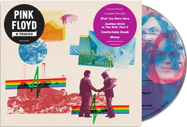 Pink Floyd 8-Tracks albumhoes met abstracte kunst, een varken en twee mannen die elkaar de hand schudden.