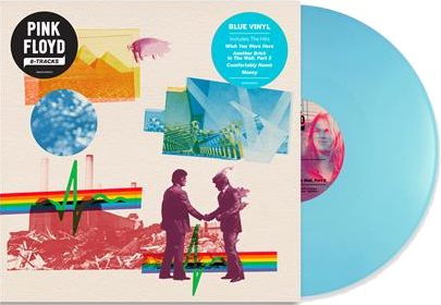 Pink Floyd 8-track albumhoes met twee mannen die elkaar de hand schudden en een blauwe vinylplaat.