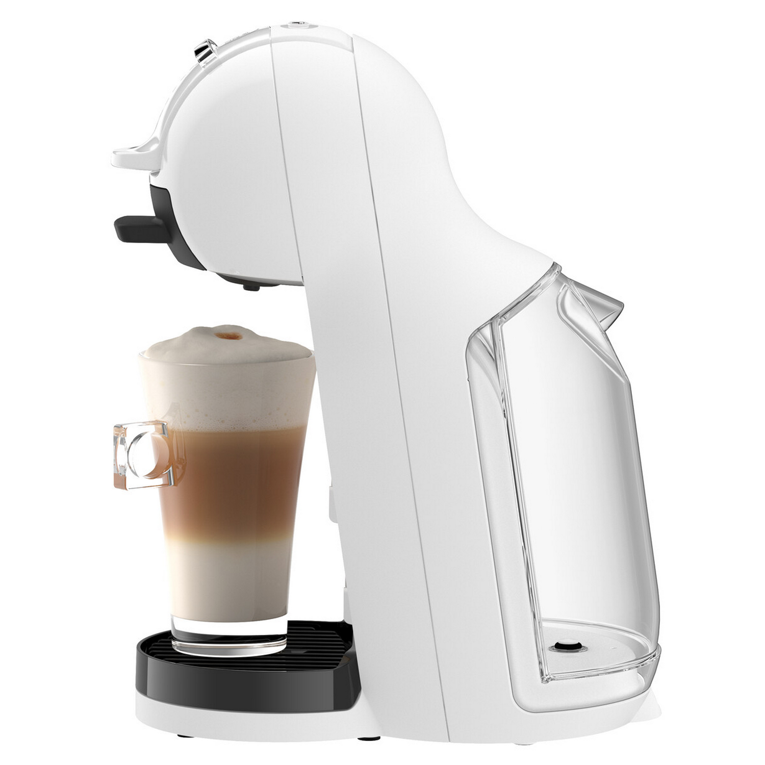 Cafetera blanca con un vaso de latte macchiato y espuma de leche.
