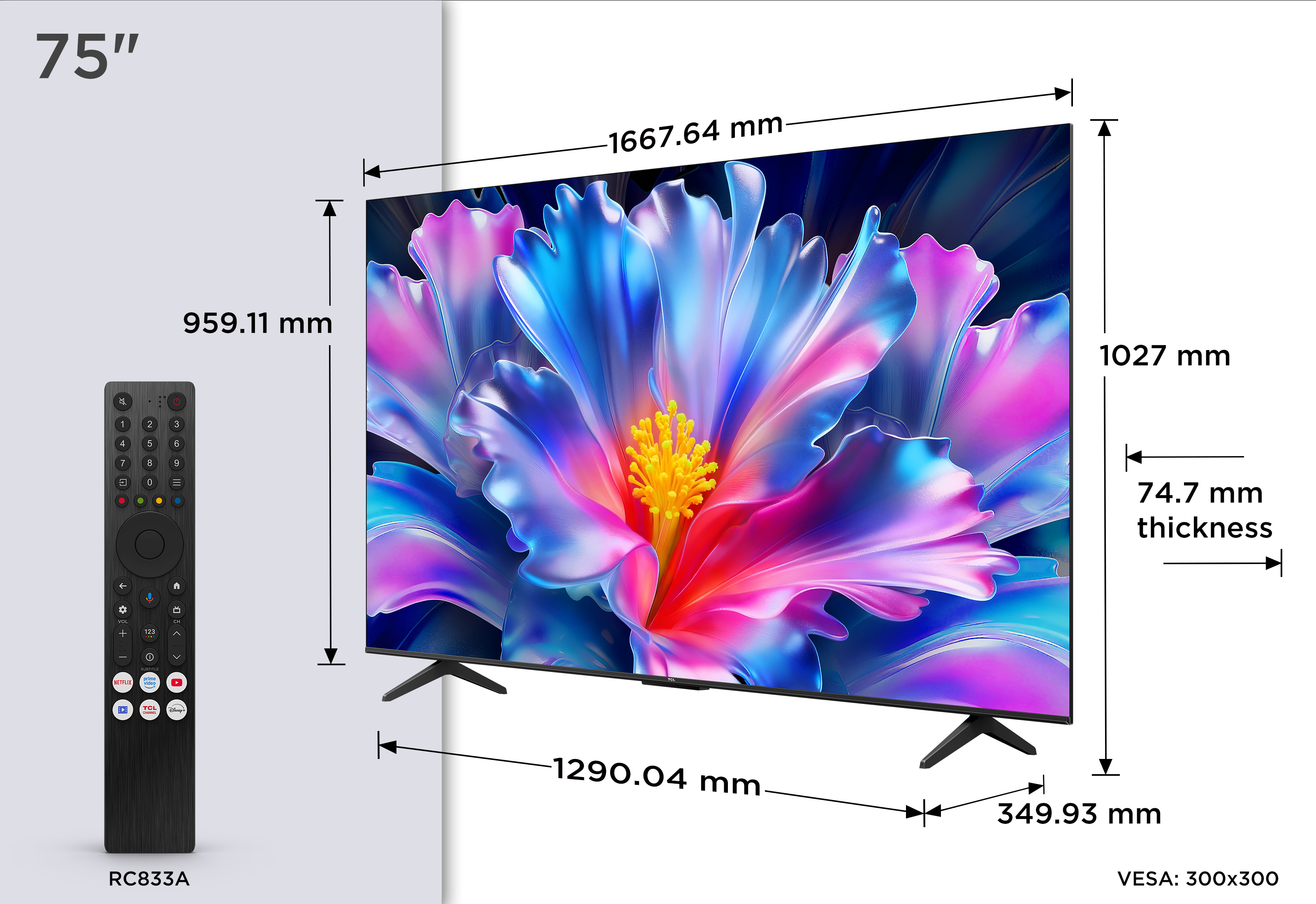 75 colos TV távirányítóval, méretei 1667x1027x74,7 mm.