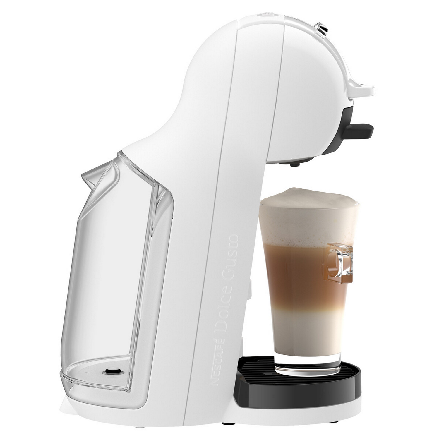 Una cafetera blanca con un vaso de latte macchiato.