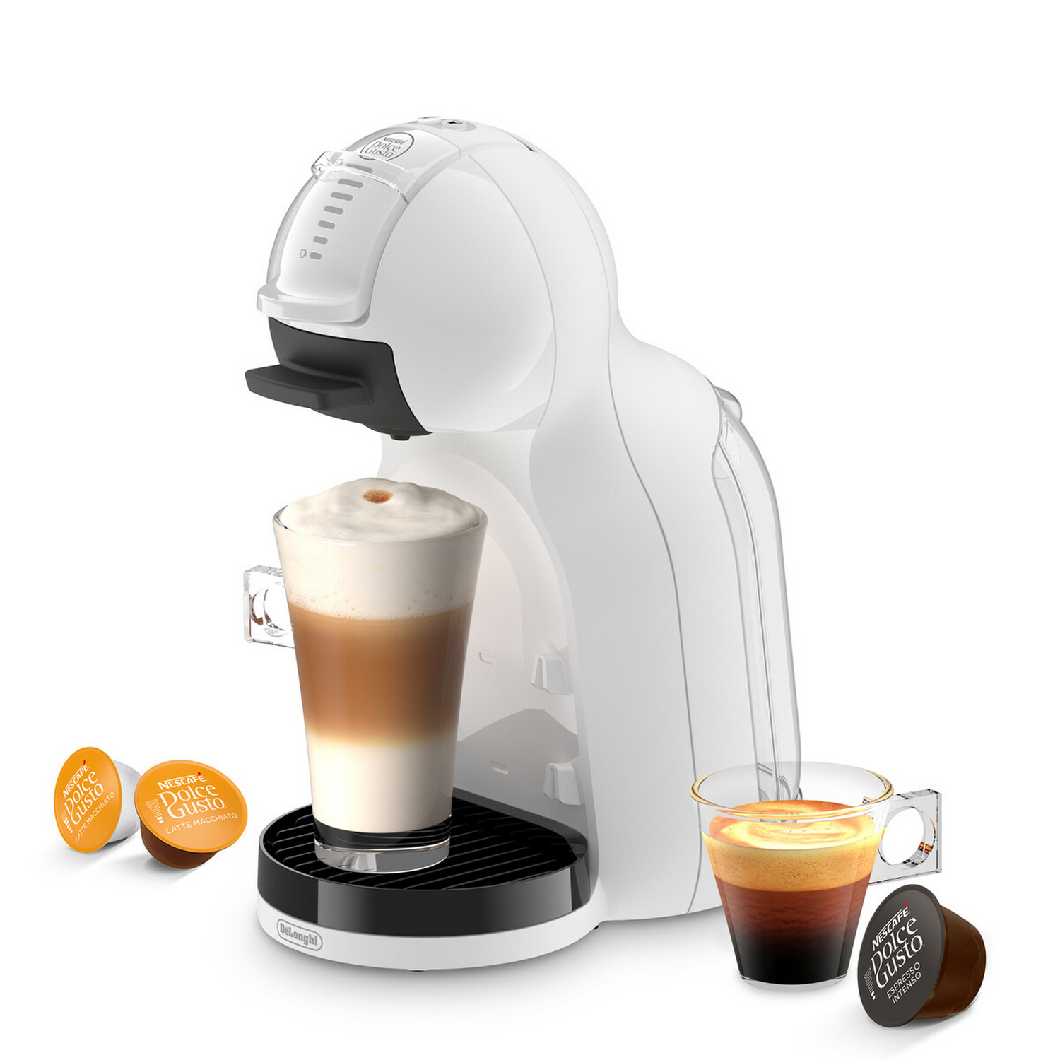 Cafetera blanca con latte y espresso, y cápsulas de café.