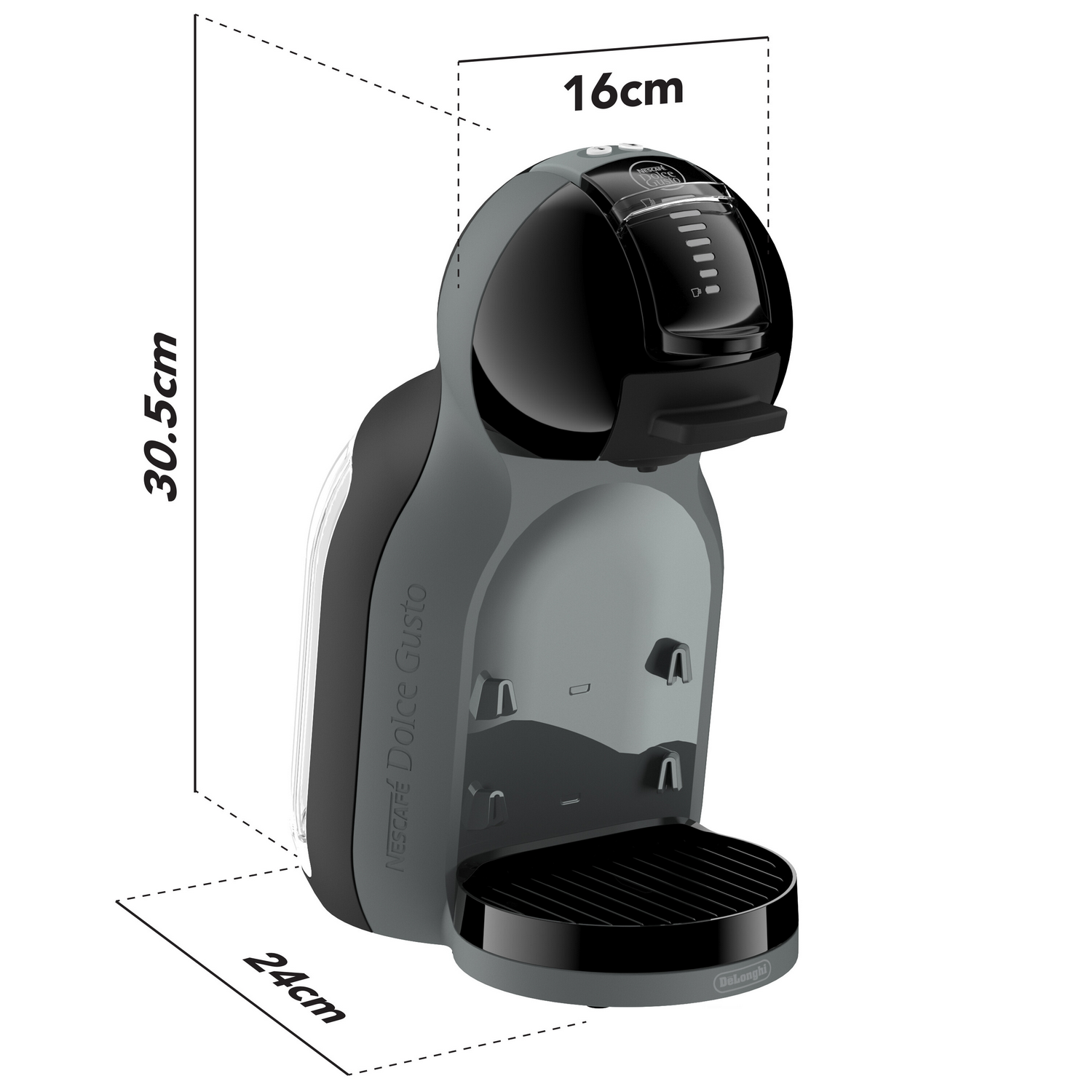 Cafetera gris y negra con dimensiones: 30,5 cm alto, 16 cm ancho, 24 cm prof.