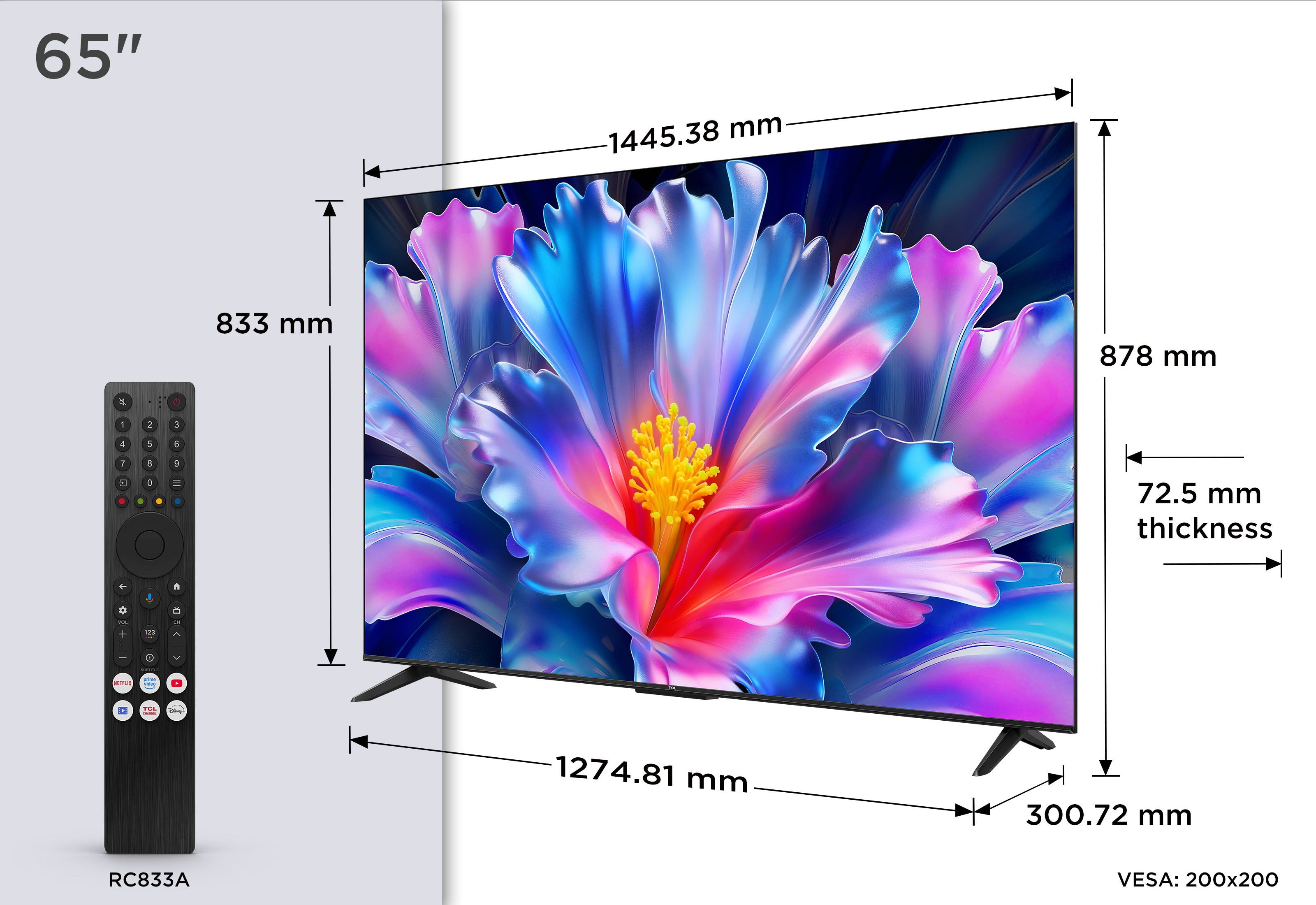65 hüvelykes TV távirányítóval. Méretek: 1445x878mm. Vastagság 72,5mm.