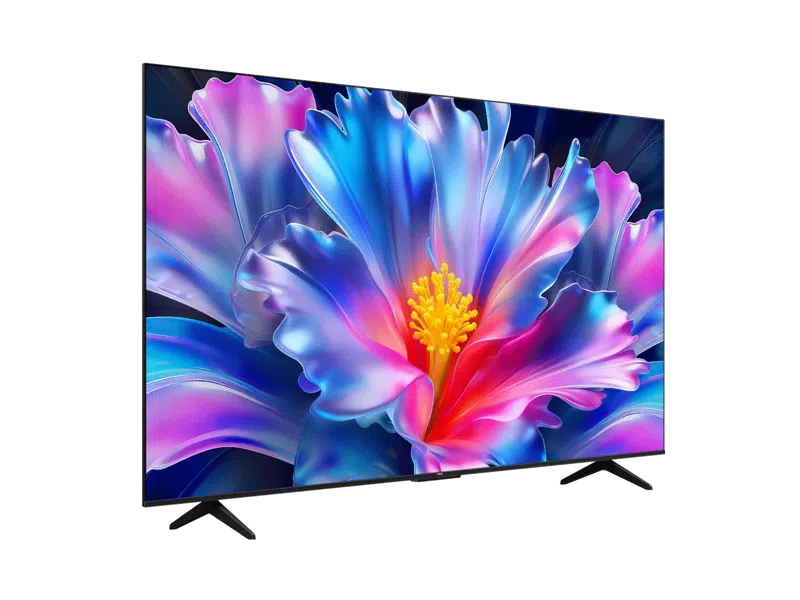 Egy modern TV kék, rózsaszín és piros színű, absztrakt virágképet jelenít meg.