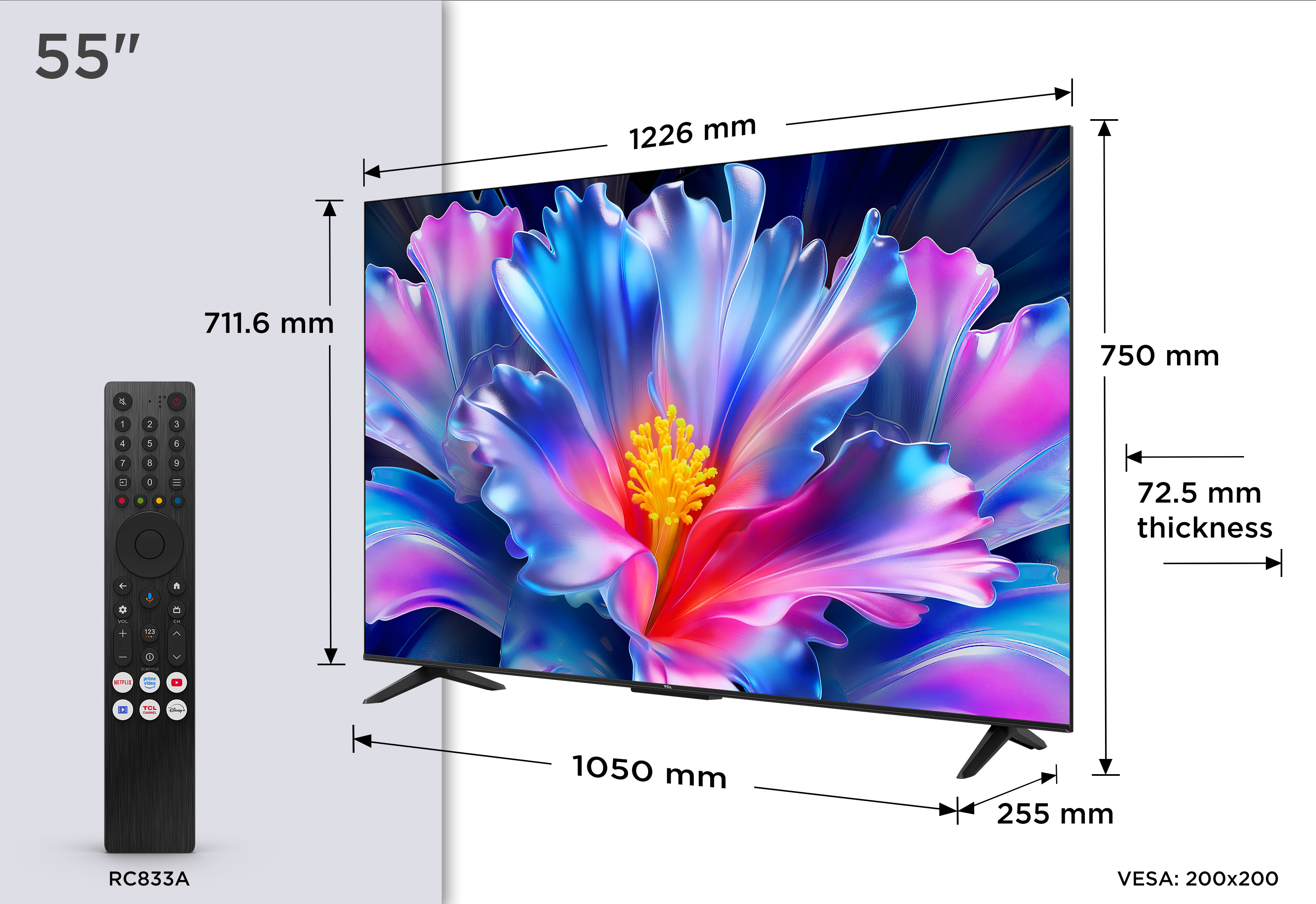 55 hüvelykes TV távirányítóval, méretekkel: 1226 mm sz, 711,6 mm ma, 750 mm ma, 72,5 mm mély, 1050 mm állvány szélesség, 255 mm állvány mélység.
