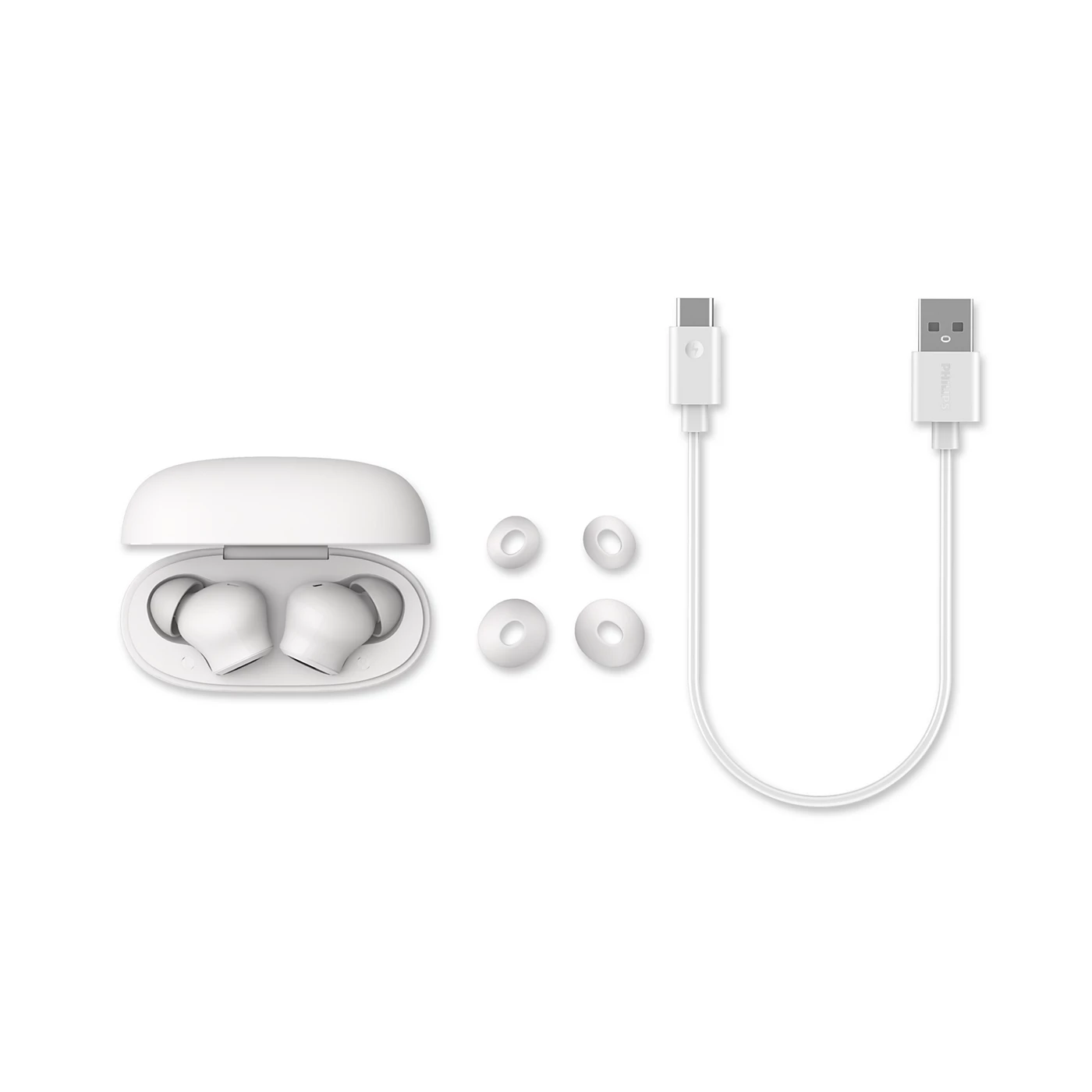 Şarj kutulu beyaz kulaklıklar, yedek uçlar ve USB-C kablosu.