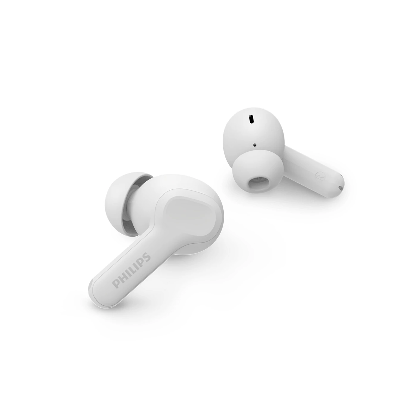 Beyaz arka plan üzerinde iki adet beyaz kablosuz Philips kulaklık.
