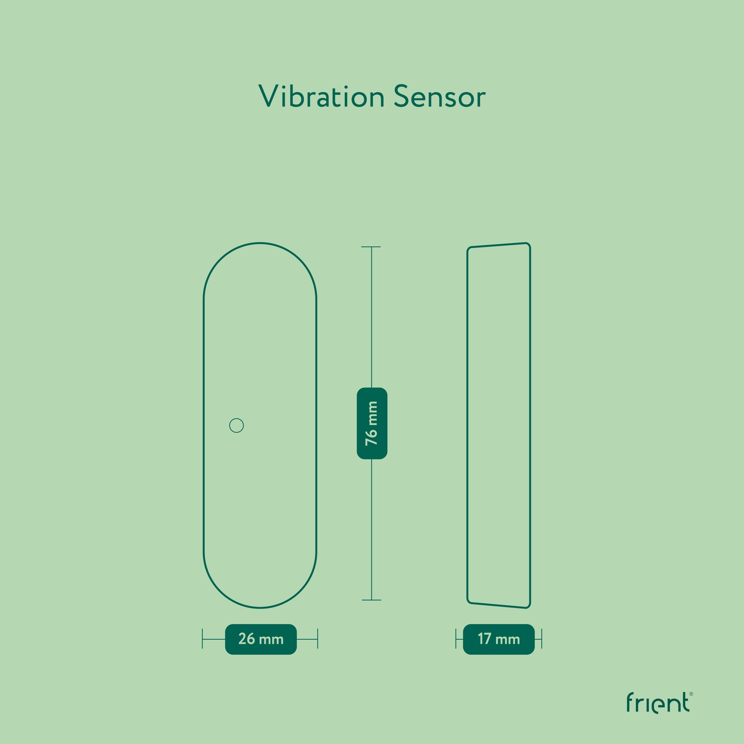 Grüner Hintergrund mit schematischer Darstellung eines Vibrationssensors mit Maßen.