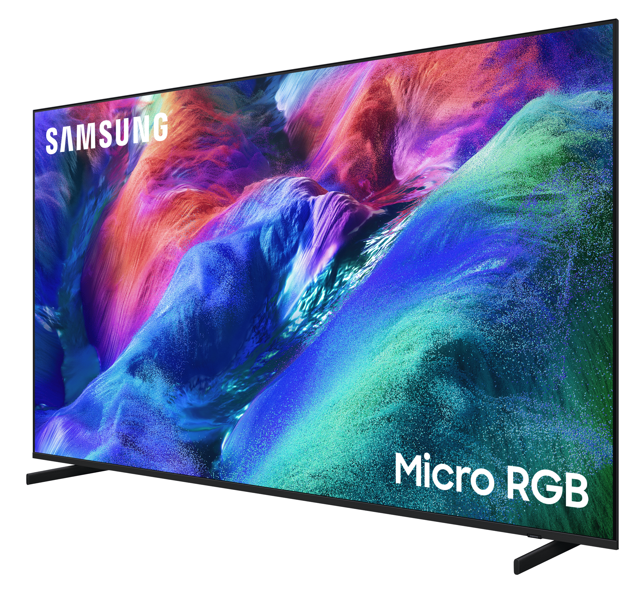 Telewizor Samsung Micro RGB wyświetlający żywą, abstrakcyjną treść ekranu.