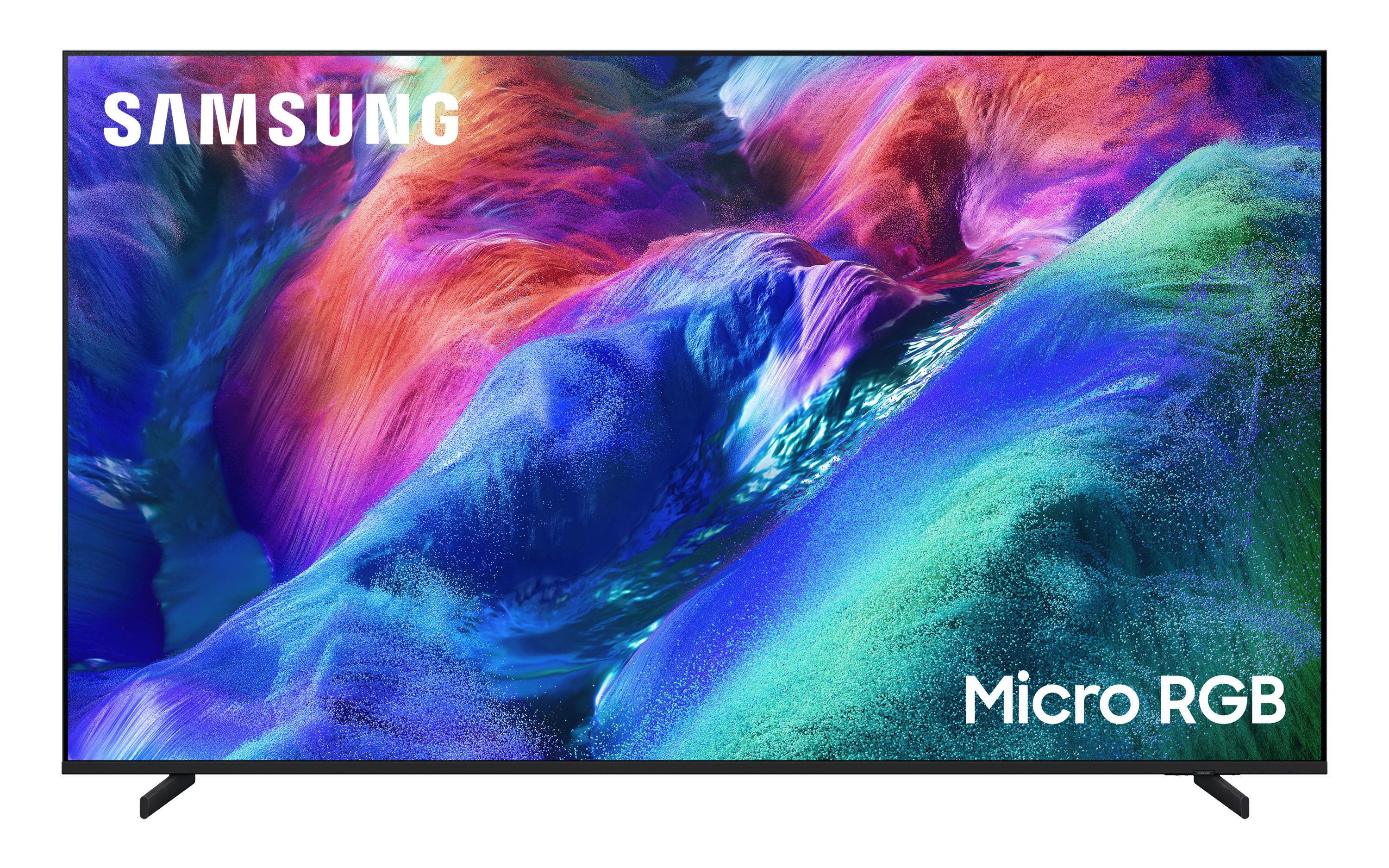 Telewizor Samsung Micro RGB wyświetla abstrakcyjną, kolorową grafikę.