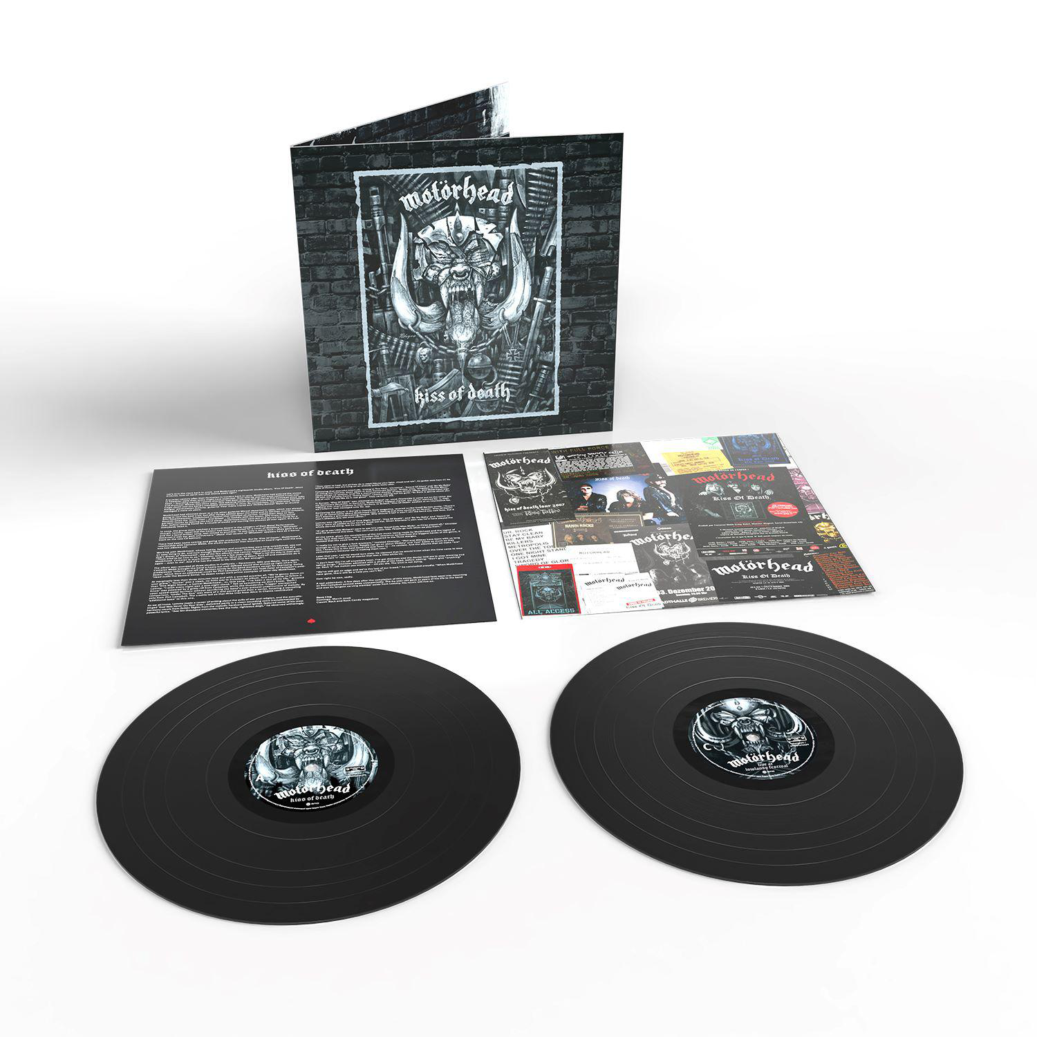 Motorhead 'Kiss of Death' Vinyl-Schallplatten-Set mit offenem Gatefold und Einlagen.