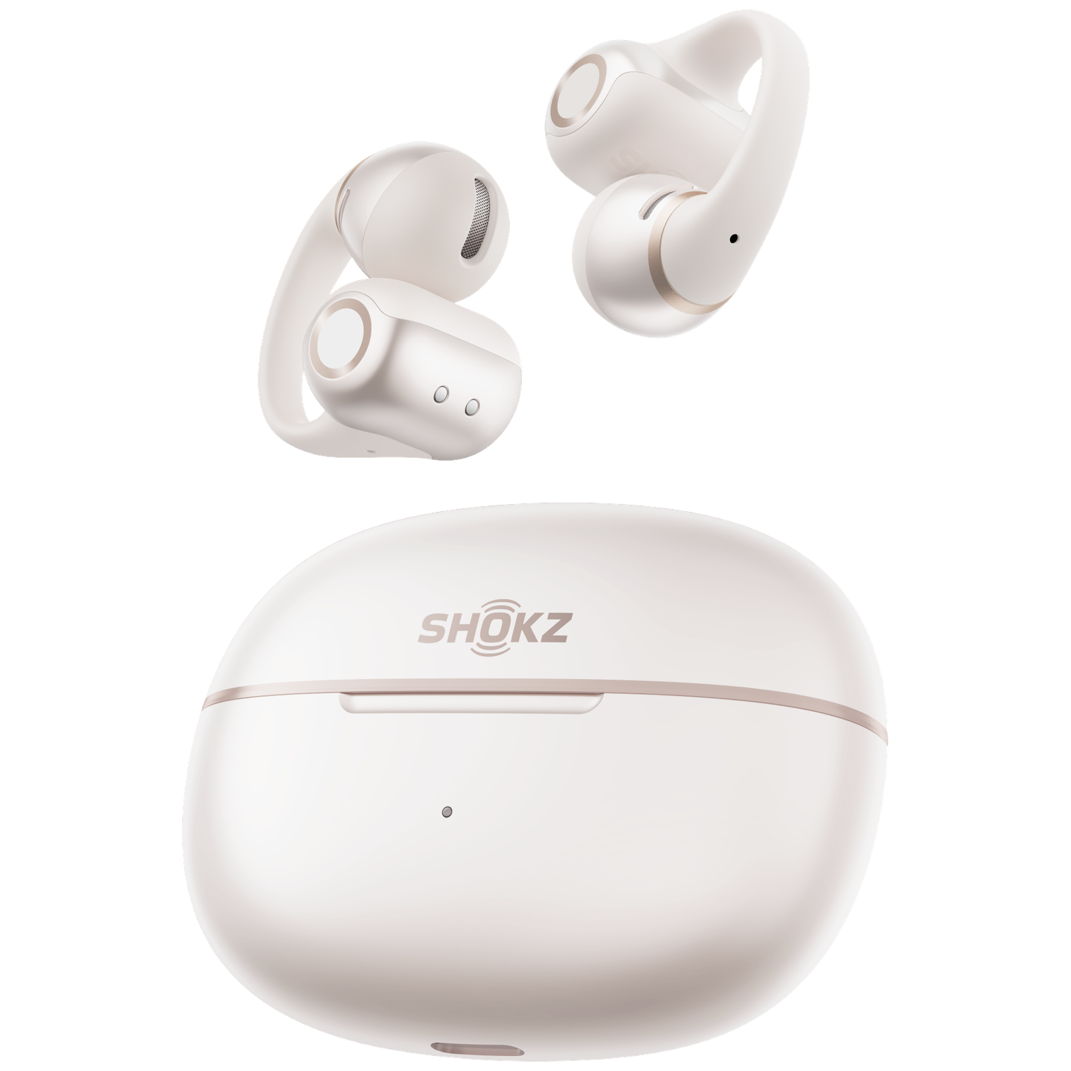 Weiße Ohrhörer und Ladecase mit Shokz-Logo auf weißem Hintergrund.