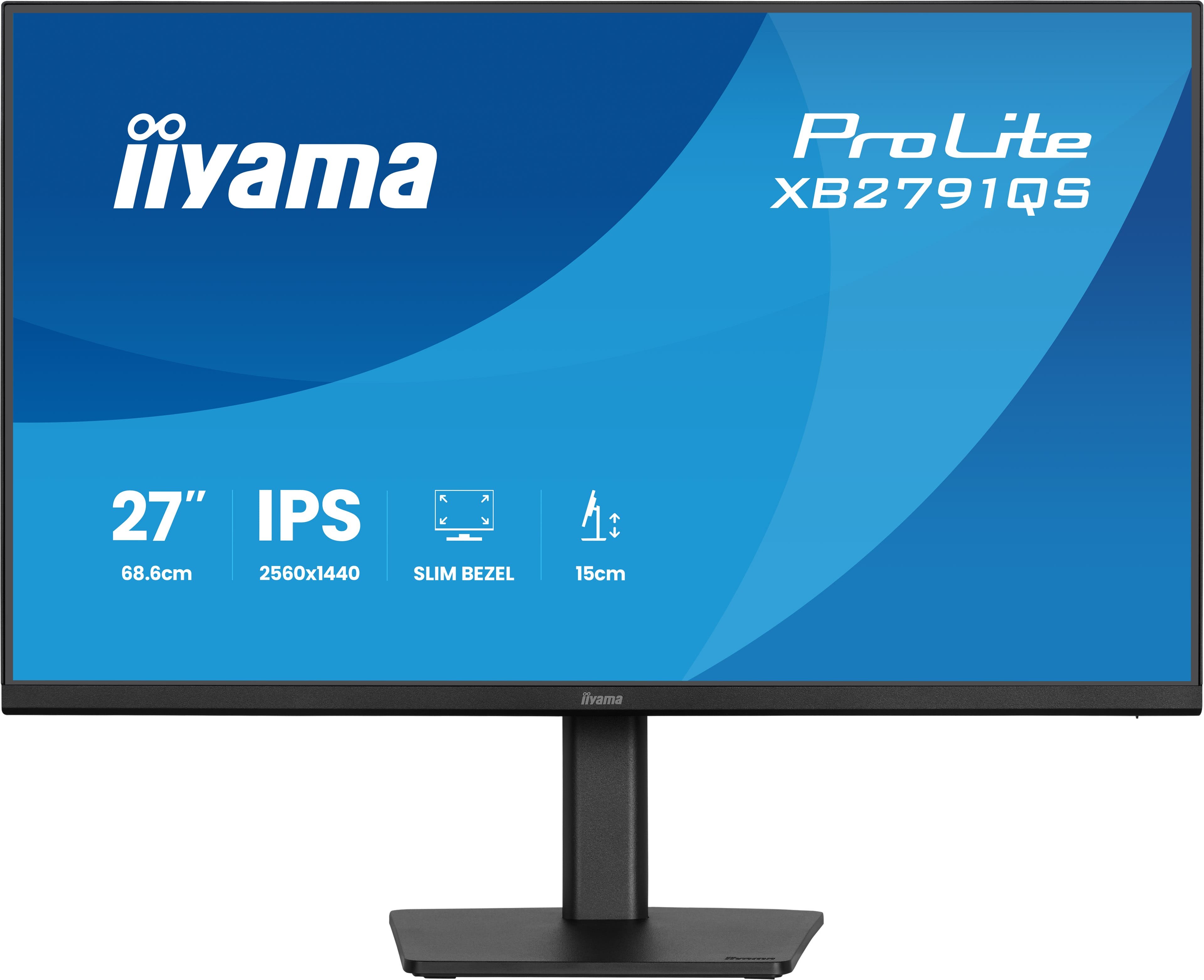 Czarny monitor z niebieskim tłem pokazuje logo Iiyama, specyfikacje: 27", IPS, 2560x1440, Cienka ramka.