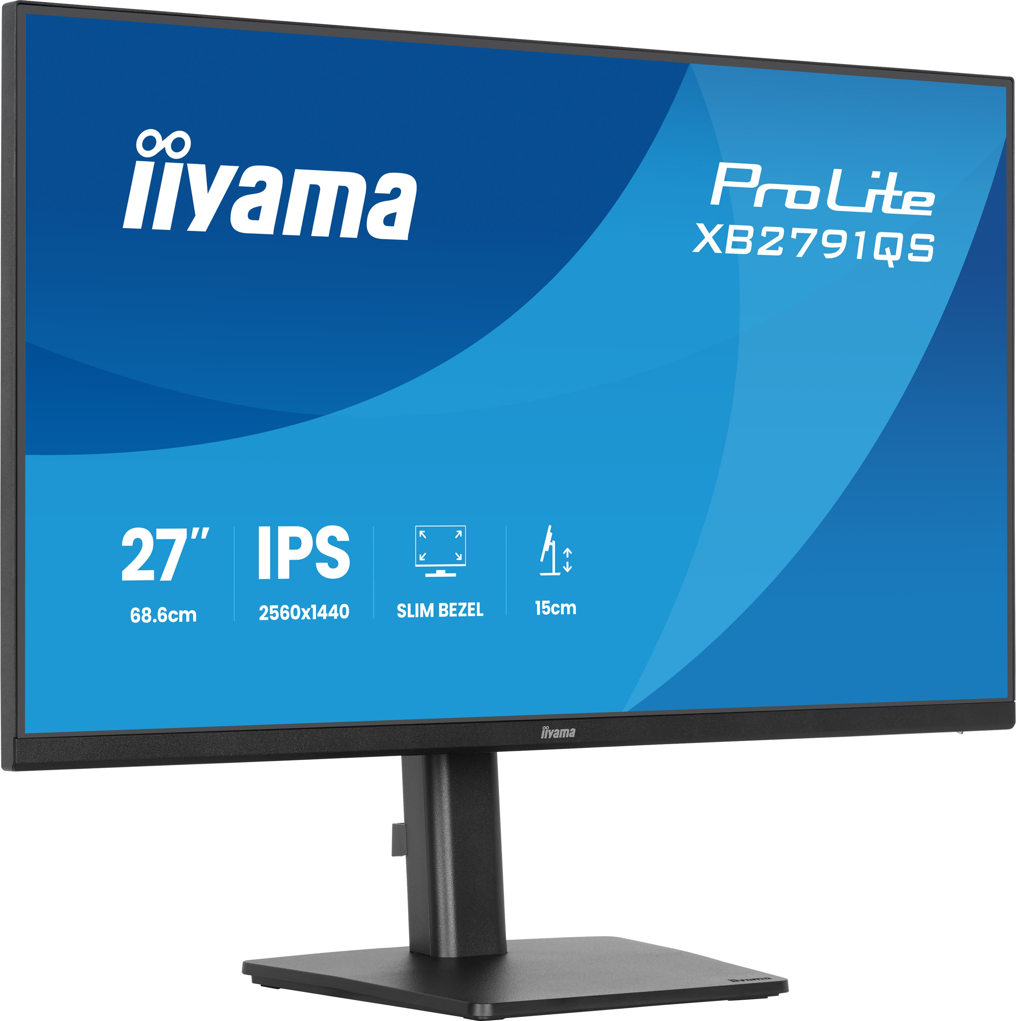 Czarny monitor Iiyama ProLite na stojaku. Specyfikacje: 27" IPS, 2560x1440, cienka ramka.