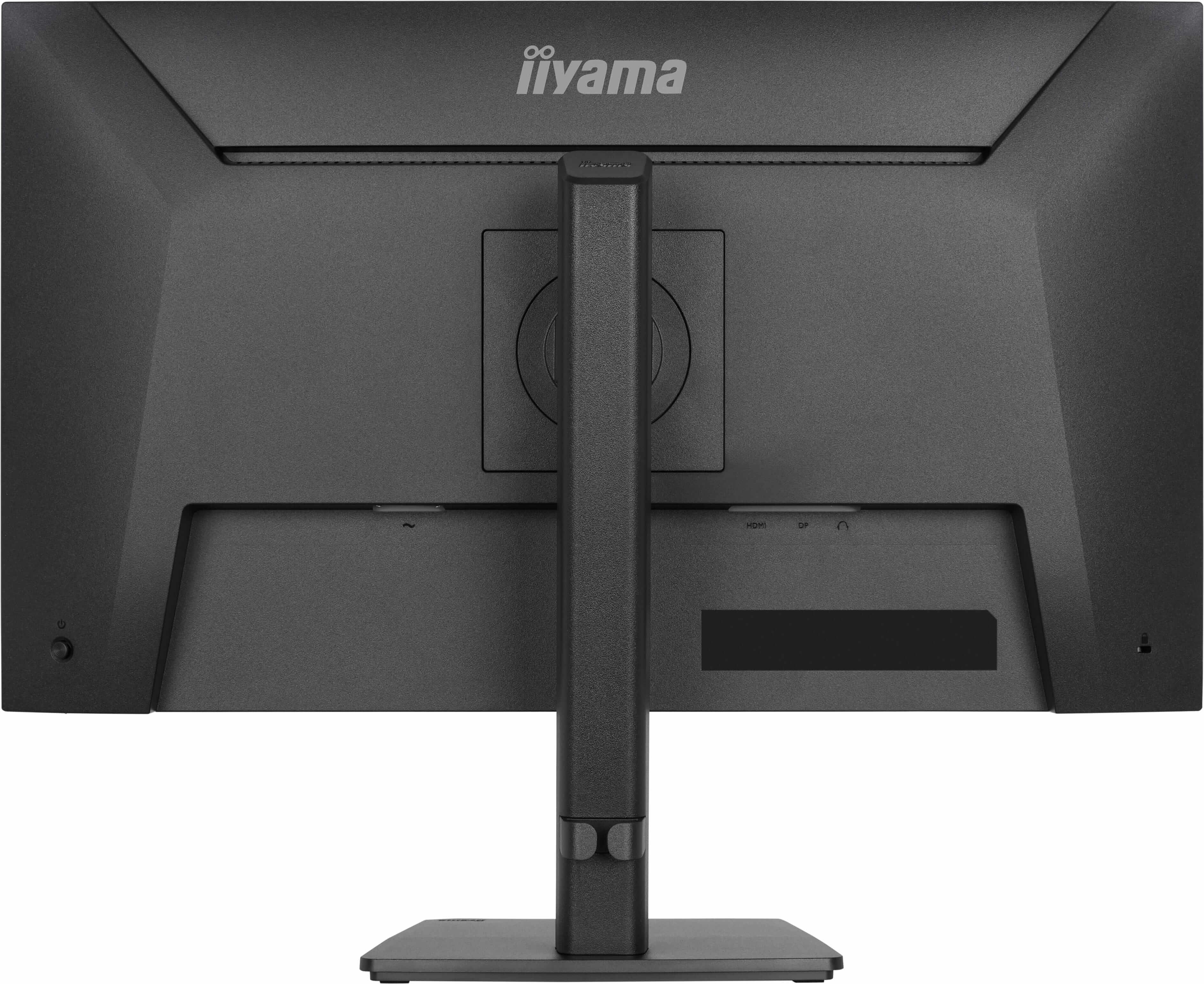 Tył czarnego monitora iiyama ze stojakiem i portami.