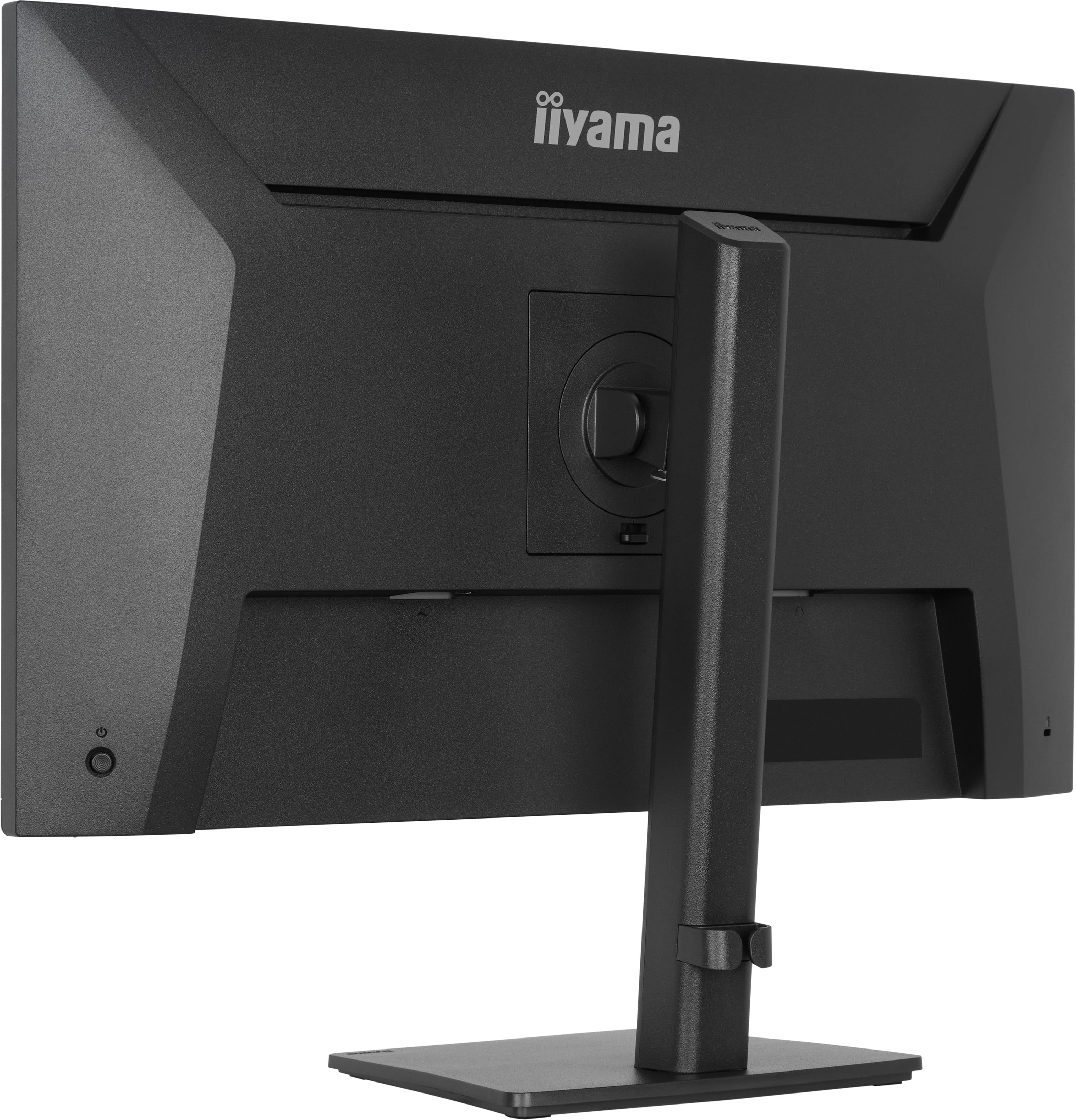 Tył czarnego monitora iiyama ze stojakiem i przyciskiem zasilania.