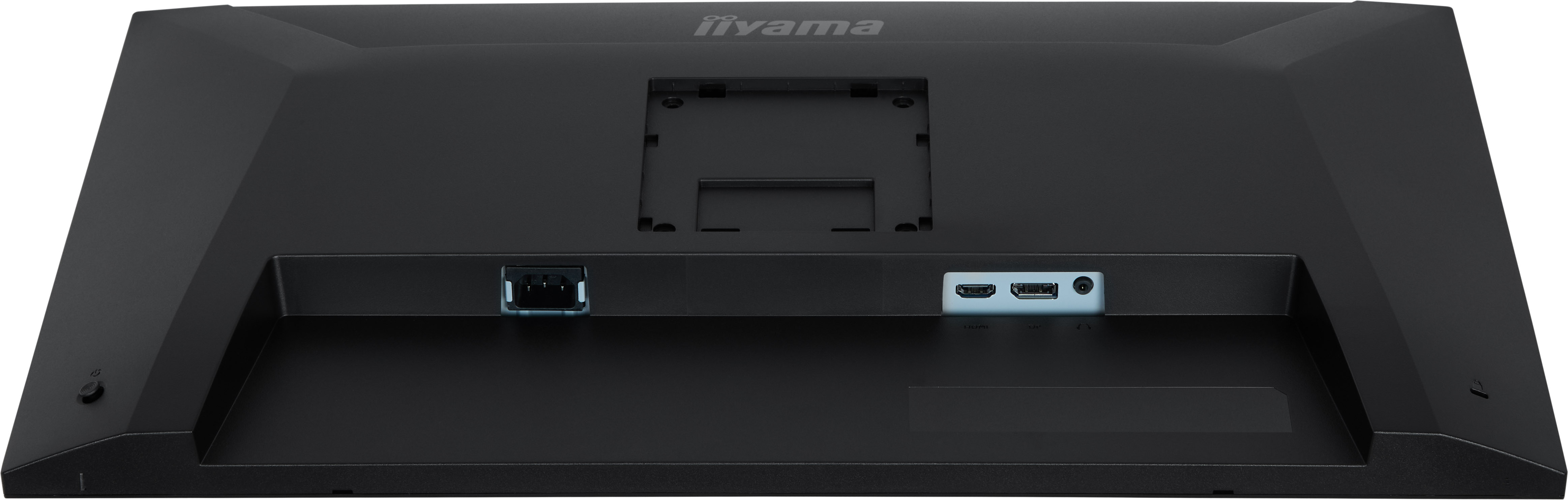 Tył czarnego monitora z portami: zasilanie, HDMI, DisplayPort i audio.