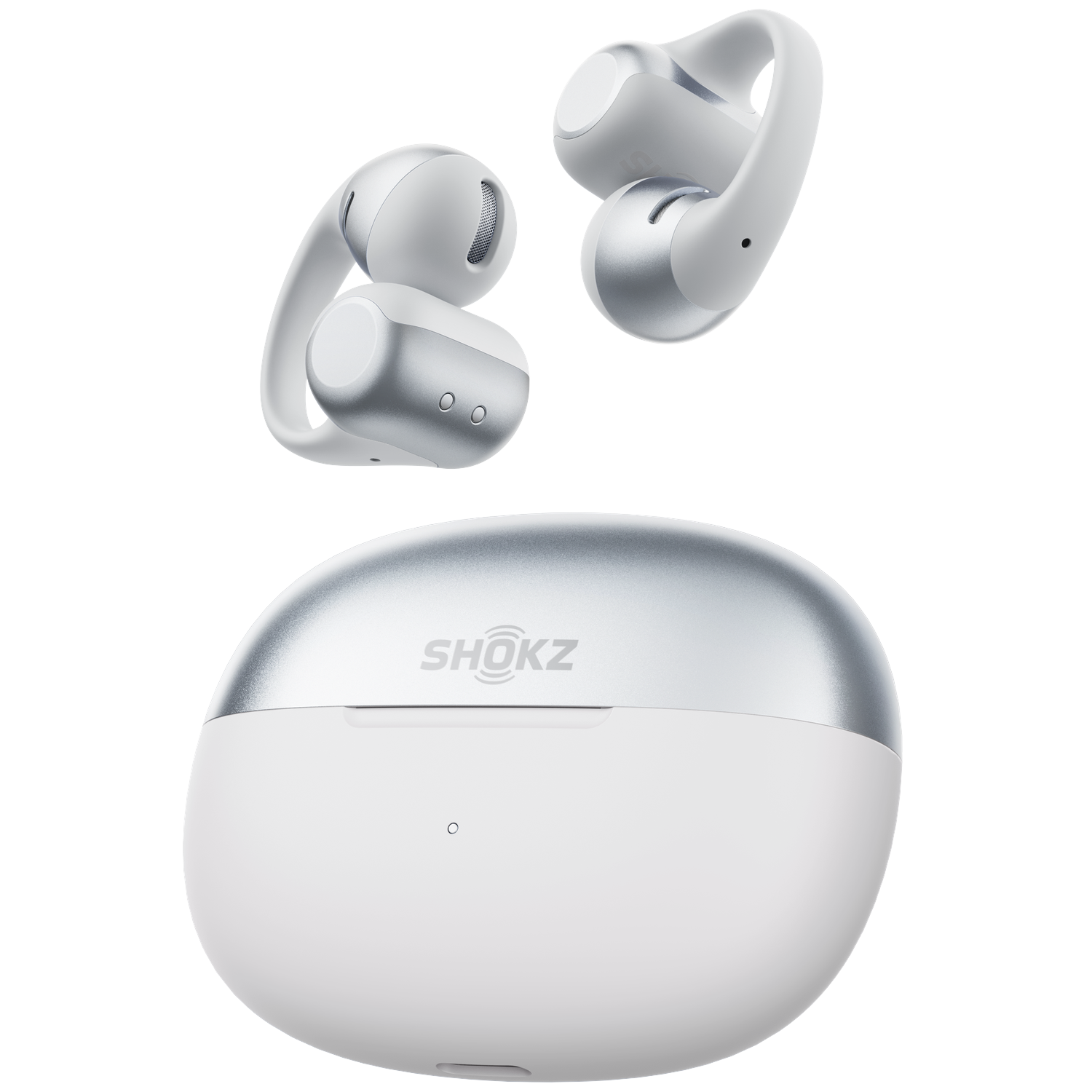 White and silver wireless earbuds with charging case, SHOKZ brand.