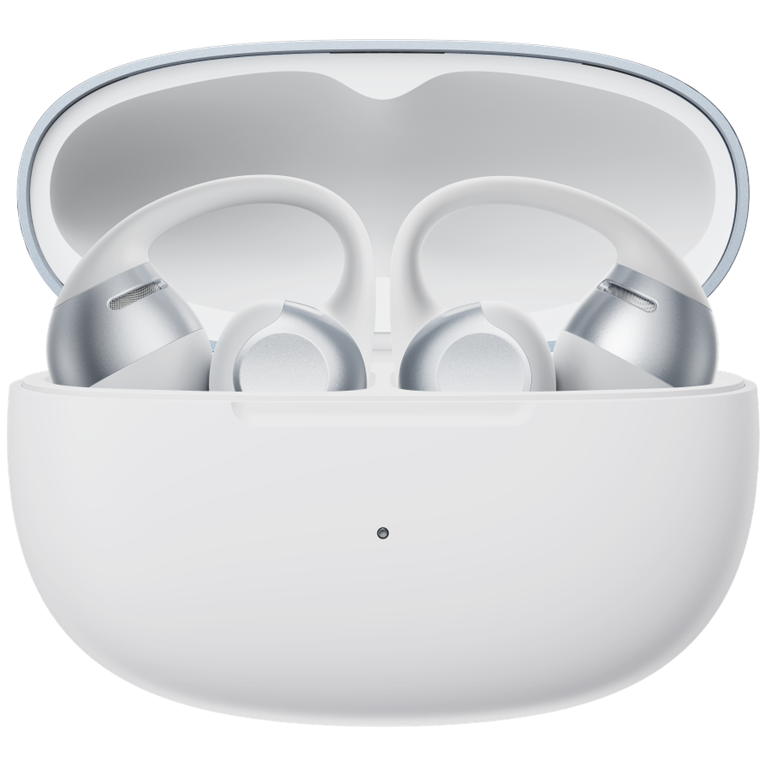 White wireless earbuds with silver accents inside an open white charging case.