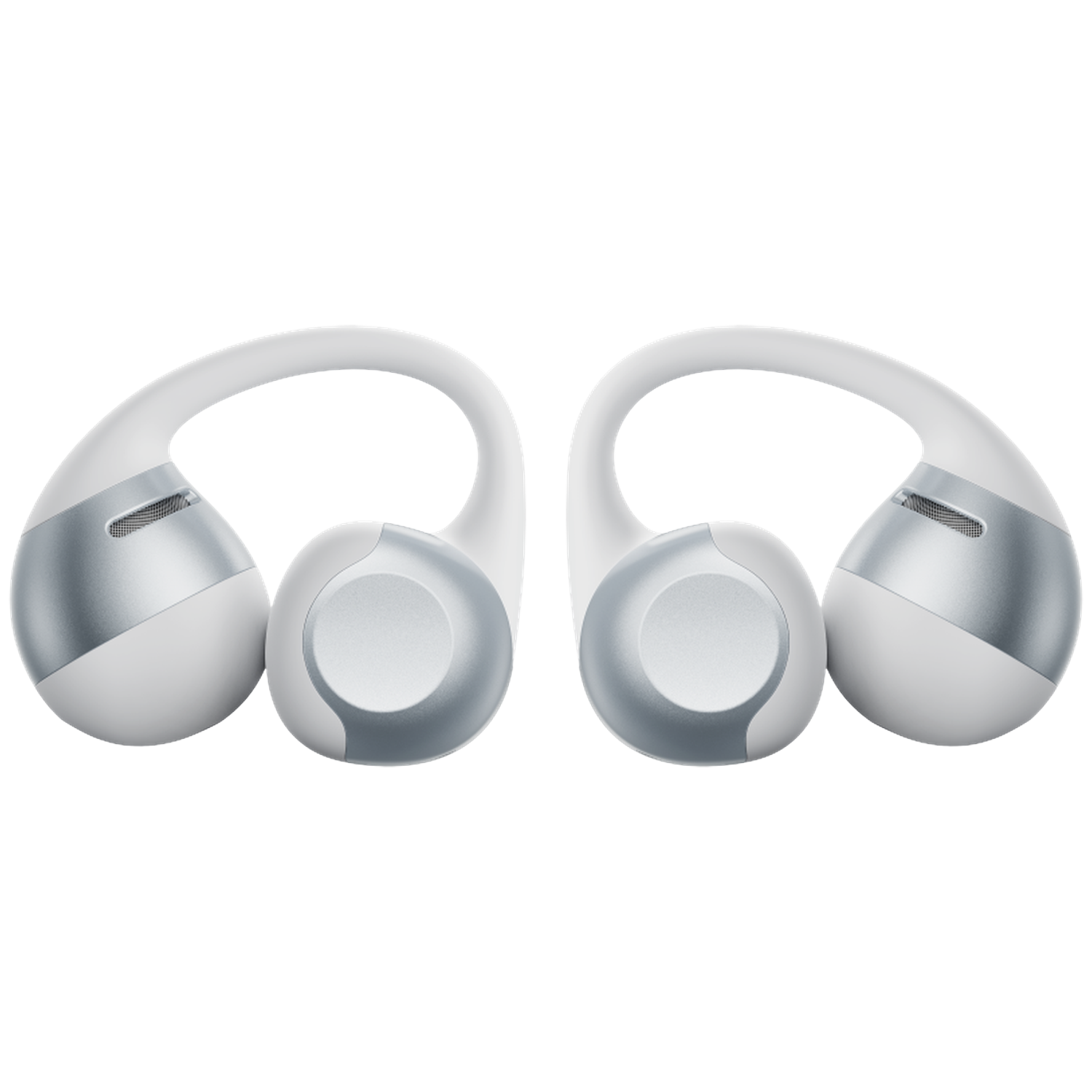 Two white and silver over-ear headphones with ear hooks, on a white background.