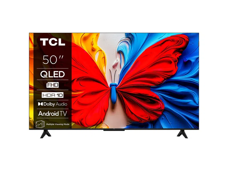 Egy 50 hüvelykes TCL QLED TV színes pillangó képernyővel.