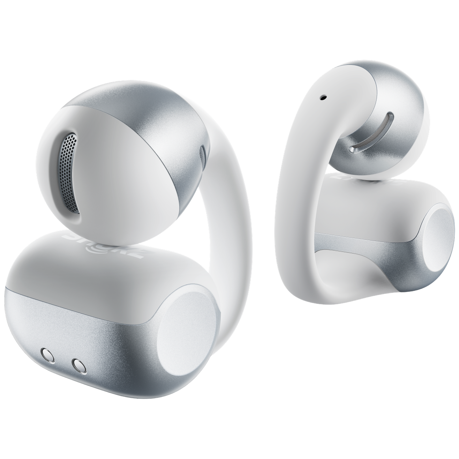 Two white and silver earbuds with a black background. The earbuds have a curved design.