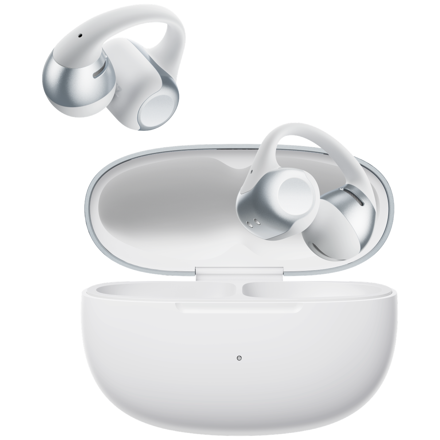 White wireless earbuds with silver accents in and out of a white charging case.