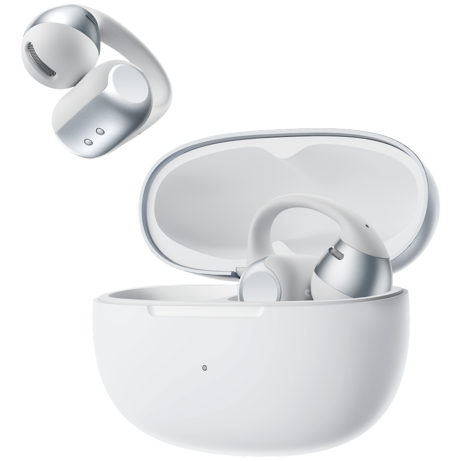 White and silver wireless earbuds with charging case.