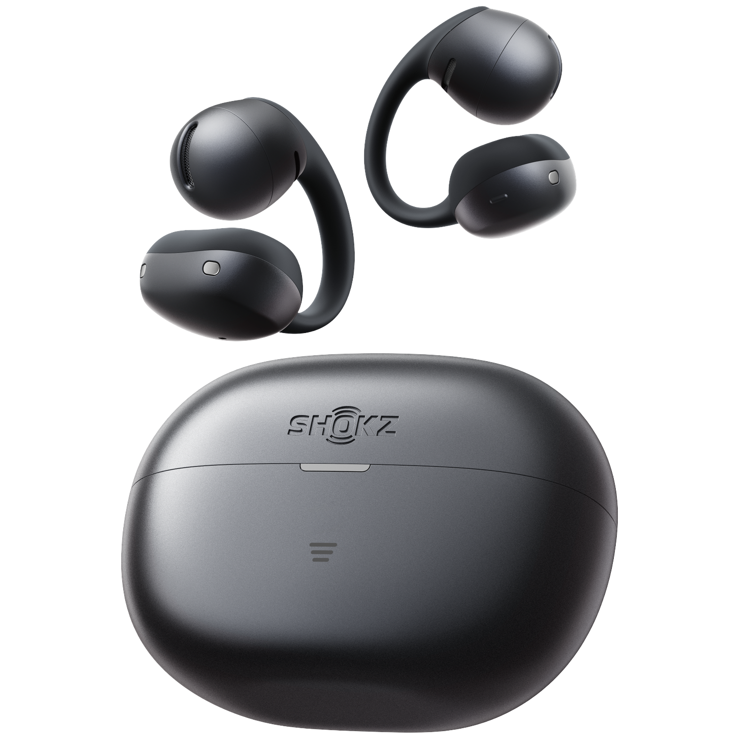 Schwarze kabellose Kopfhörer und Ladebox mit SHOKZ-Logo auf schwarzem Hintergrund.
