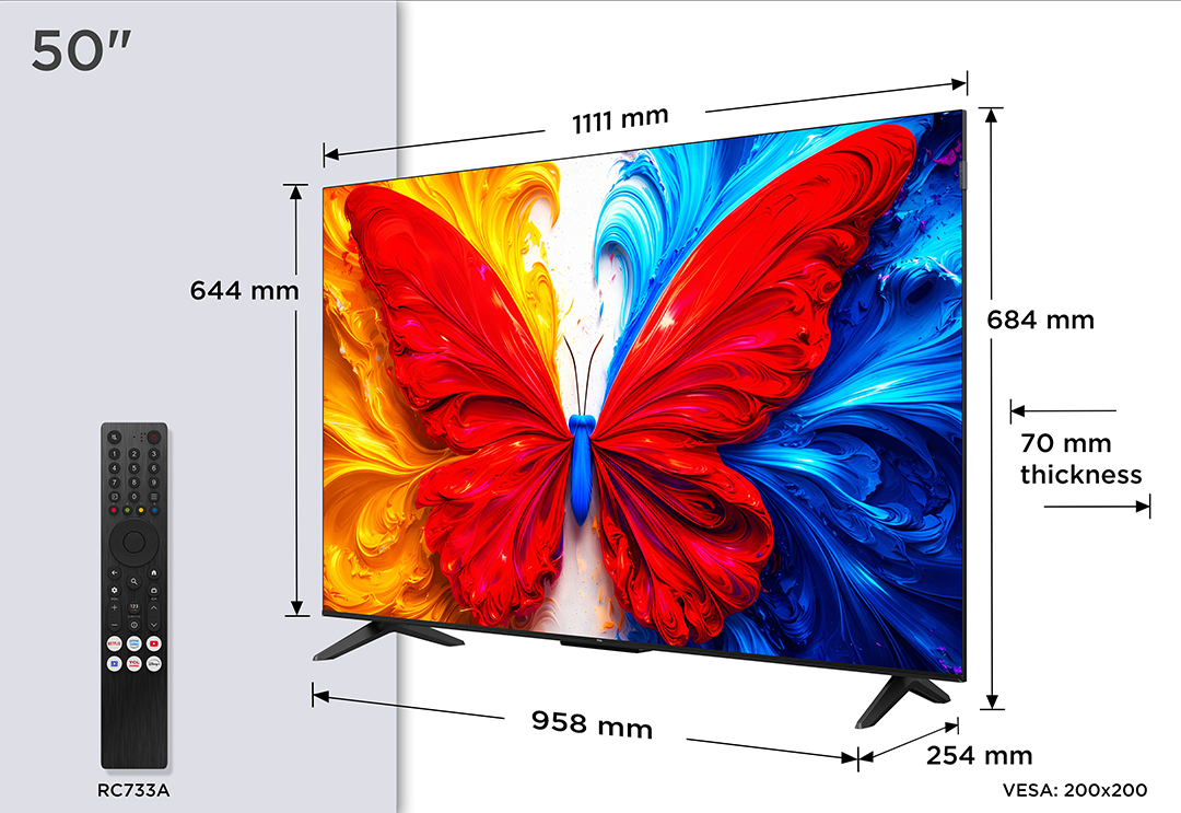 50 colos TV pillangó grafikával és távirányítóval. Méretek láthatók.